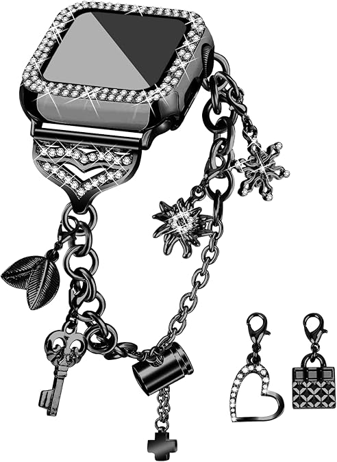 JOYOZY Band Compatible with Apple Watch 38mm 40mm 41mm 42mm 44mm 45mm 46mm, Bling Strap with Glitter Case Built-in Screen Protector, Interchangeable Charms Dressy Bracelet for Women