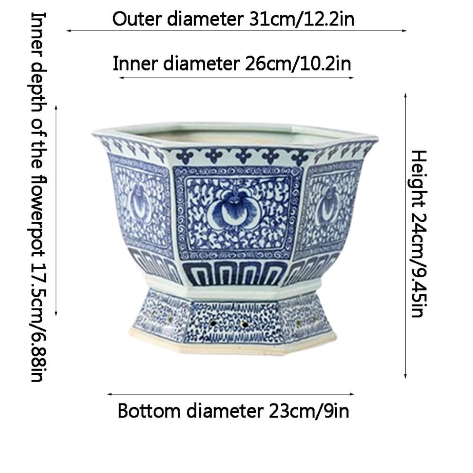 Niebiesko-biała porcelanowa sześciokątna doniczka ceramiczna z otworem drenażowym Blat zielone nasadzenia Kreatywna chińska doniczka wykonana przez Jingdezhen, 31 * 24 cm, jeden kolor 31 * 24 cm