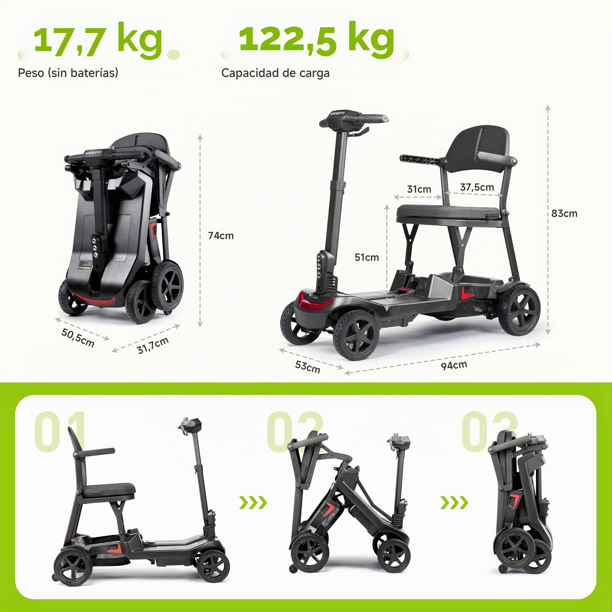 VEEFA Scooter Eléctrico 4 Ruedas, Construcción Ligera 17kg, Batería Doble | 36km Autonomía 8km/h,Scooter Minusvalidos Adulto Discapacitados para Coche/Avión/Tren (Negro Rojo, Estándar)