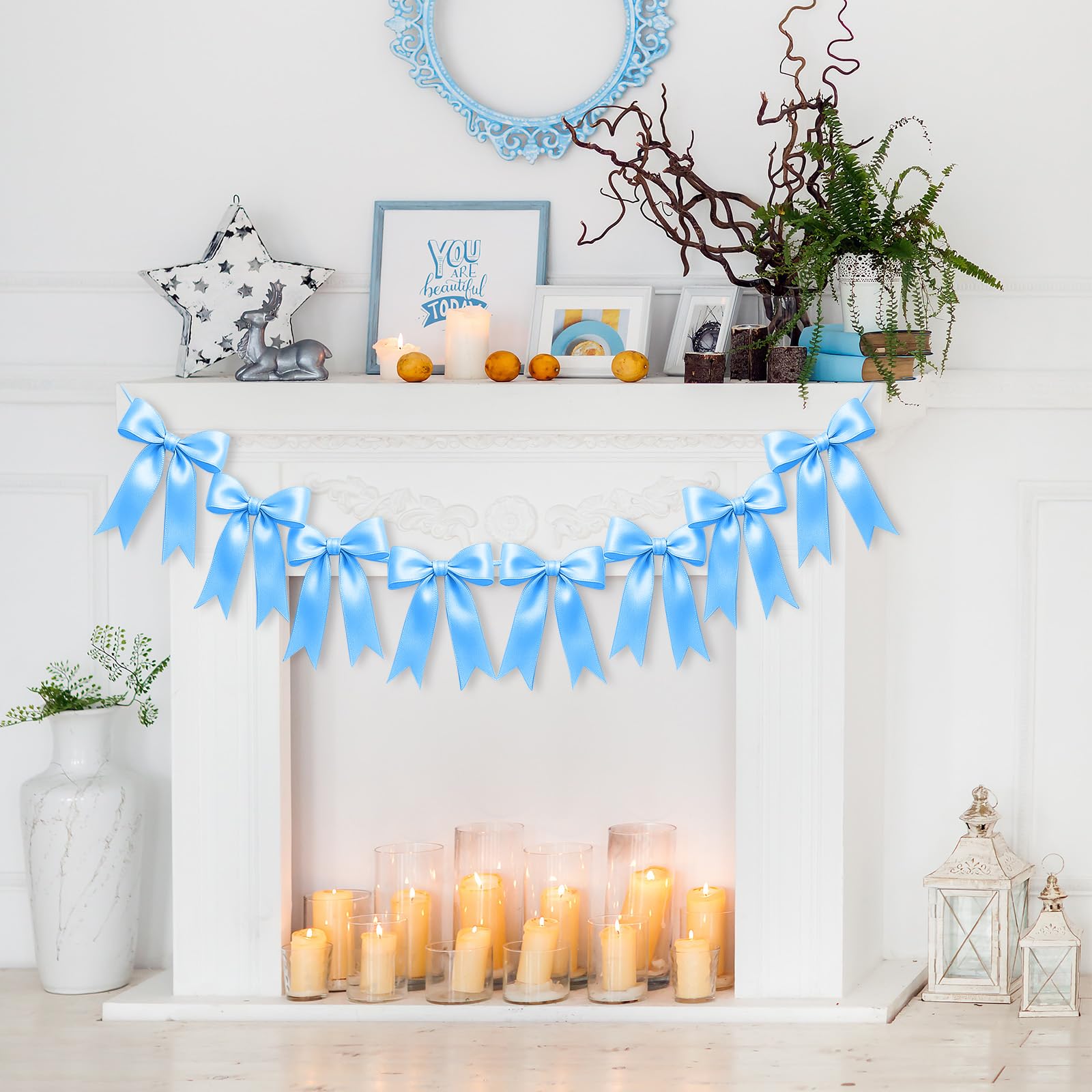 1 String of 8PCS Blue Bow Garland Banner Decoration,Pre-Strung Satin Ribbon Ornaments for Birthday,Bachelorette Party,Bridal Shower,Wedding,Engagement,Baby Shower,Graduation Decor,Anniversary
