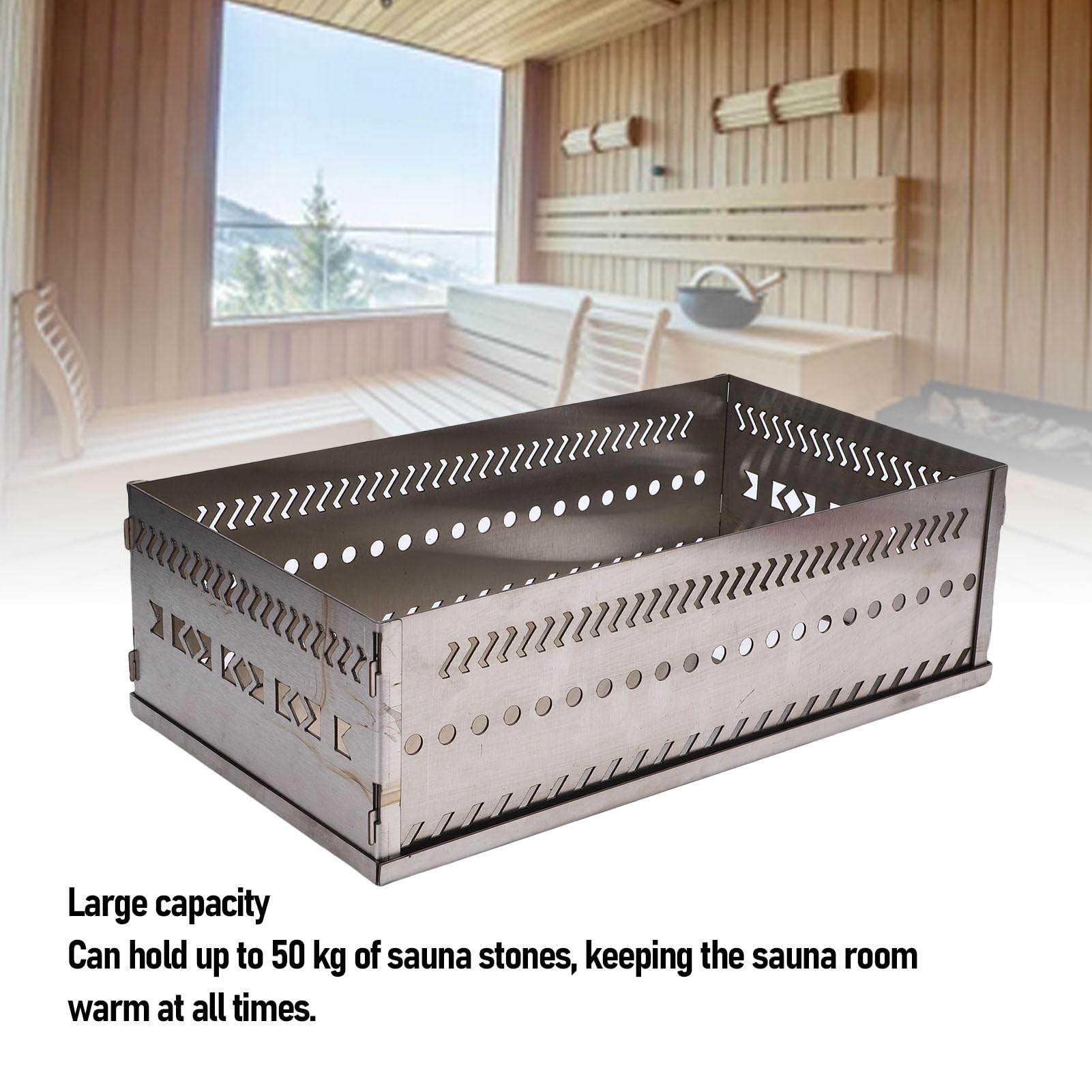 Bewinner Sauna Stein Halter Edelstahl Korb bis 50kg Kapazität Mehrzweck Sauna Fels Ständer für Holzkohle Feuerraum Holz Brennstoff Ofen SL 375