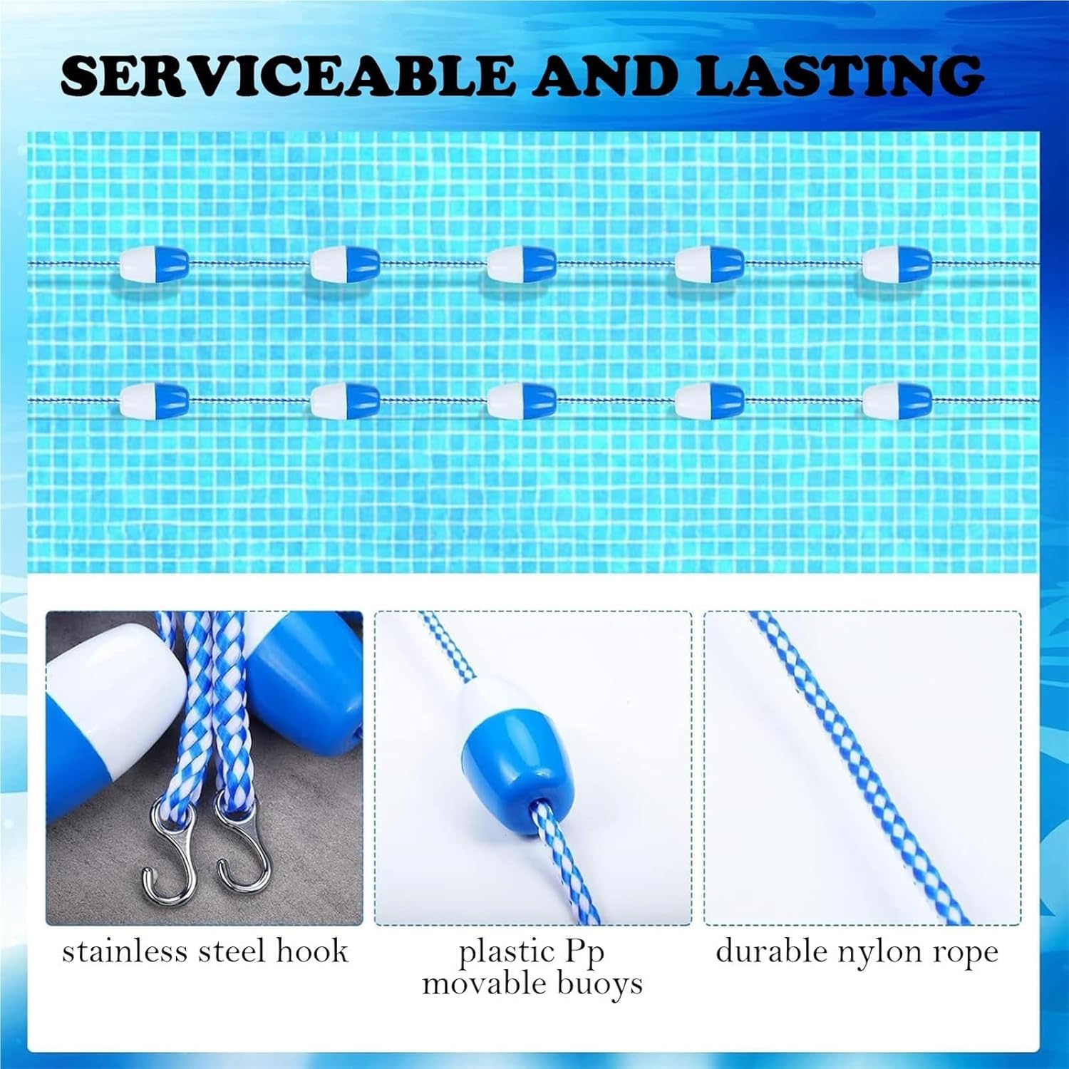 Premium Swimming Pool Lane Rope with Stainless Steel Hooks, Safety Swim Divider for Pools, Easy to Install, Ideal for Competitions & Recreational Use