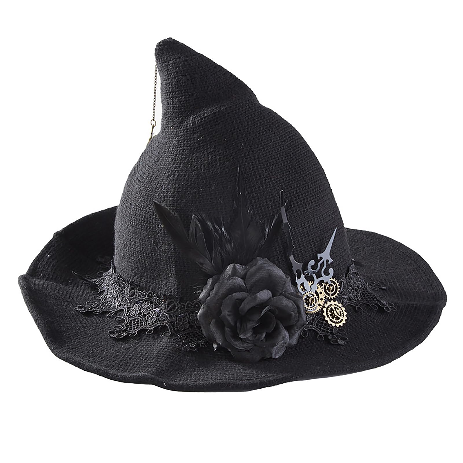 Steampunk Halloween Witch Hat for Women Wool Knitted Gothic Pointed Cap for Halloween Party Cosplay Costume Accessory (Black 1)