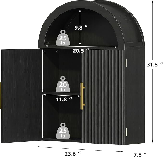 Armario de pared arqueado Kalrin, armario moderno para baño de madera con puerta y estante ajustable, organizador negro miniatura 2