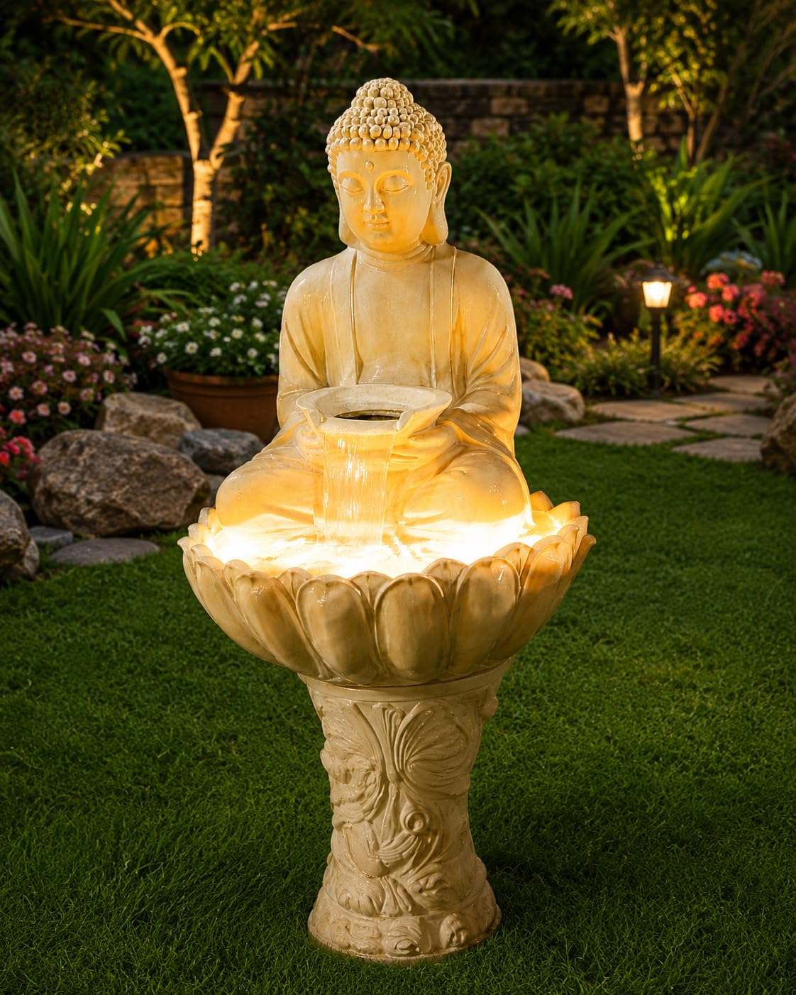 Lotus Buddha Fountain for Home Decor 4.4 FT Height Fiber Indoor Outdoor Decorative Waterfall with LED & Silent Water Pump(23 Inch Width) for, Garden, Patio,Temple & Meditation D?or-picture-13