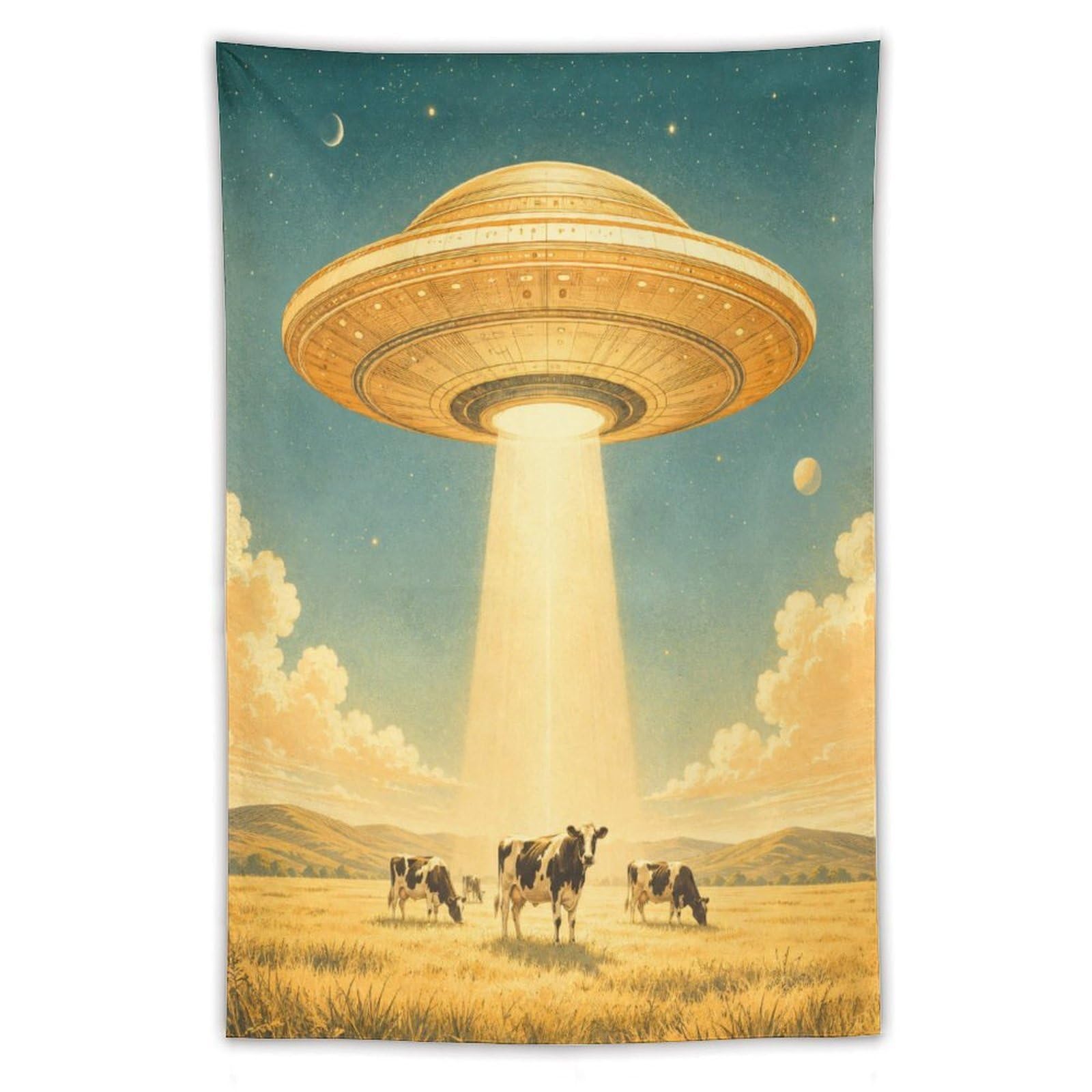 H3B8U2Y5 UFO Cattle Wheat Field Wall Tapestry, Oil Painting, Green Pasture