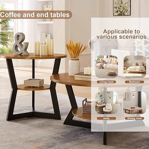 Miniatura 7 de Mesa auxiliar, mesa auxiliar redonda de madera para sala de estar con mesa de 2 niveles con estante de almacenamiento, diseño de soporte triangular