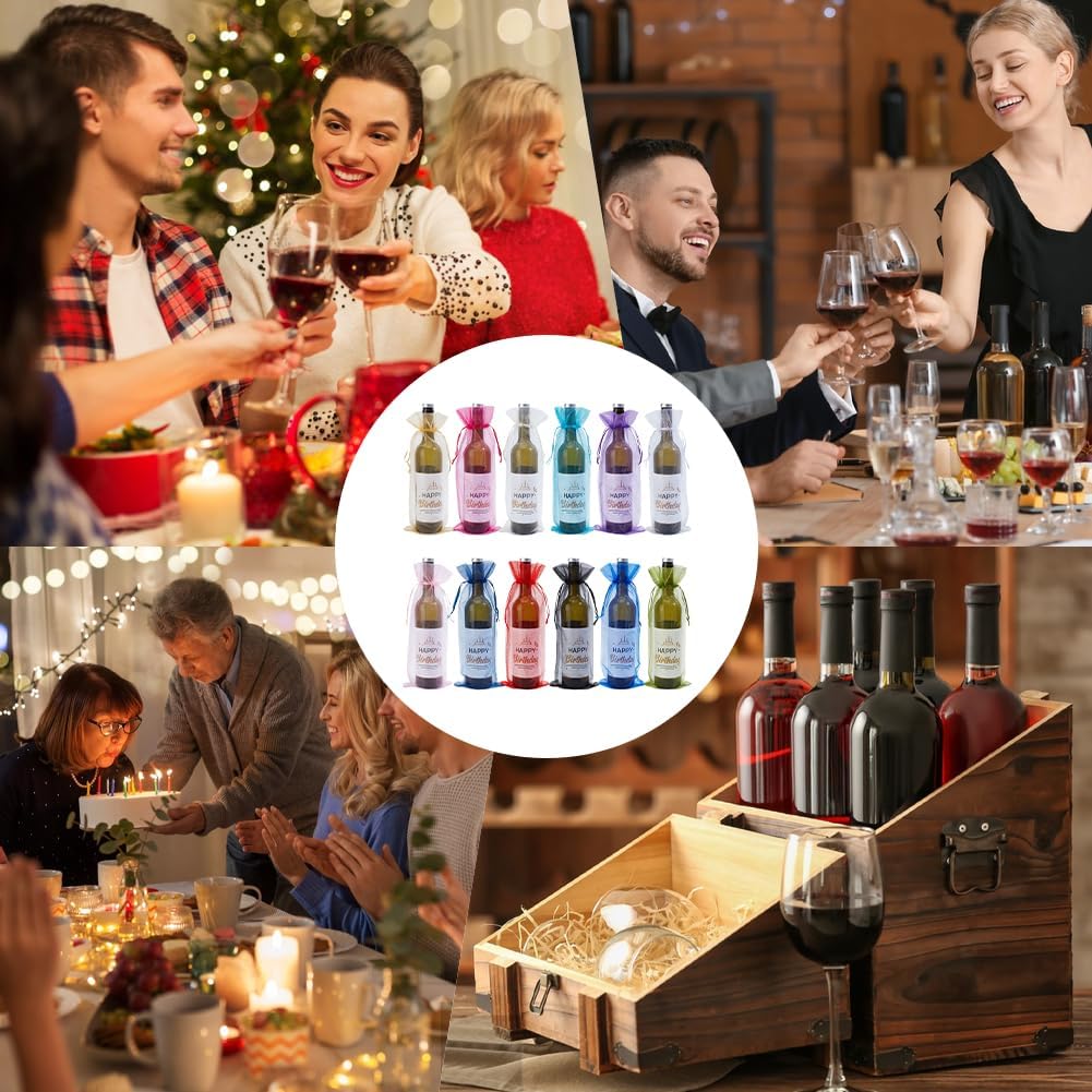 Beebeecraft 36Pcs 12 Colors Organza Wine Bags 15x5.4 Inch Drawstring Colorful Sheer Mesh Champagne Bottle Gift Pouch for Wrapping Christmas Wedding Party Favors