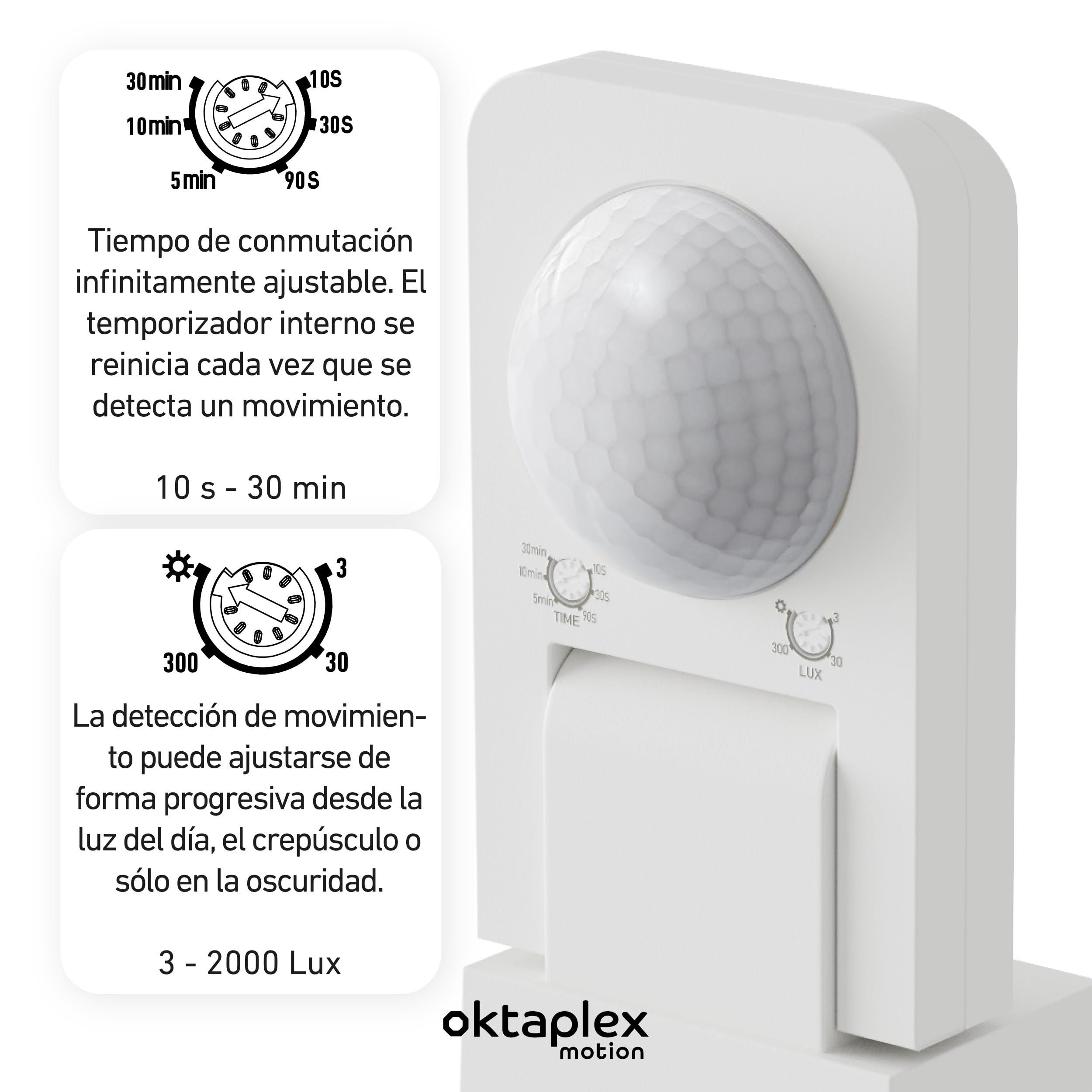 Oktaplex - Juego de 2 detectores de movimiento para tea, color blanco | Sensor de movimiento orientable de 360 grados, 9 m, IP65, 230 V, para techo y pared