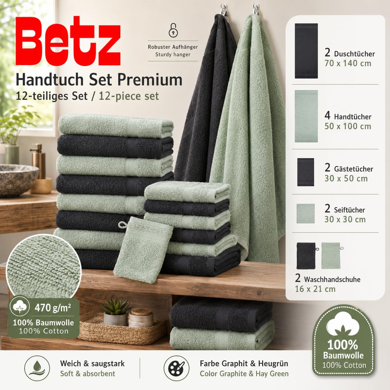 Betz Lot de 12 Serviettes Premium 2 draps de Bain 4 Serviettes de Toilette 2 Serviettes d'invité 2 lavettes 2 Gants de Toilette 100% Coton Couleur Graphite & Vert Foin