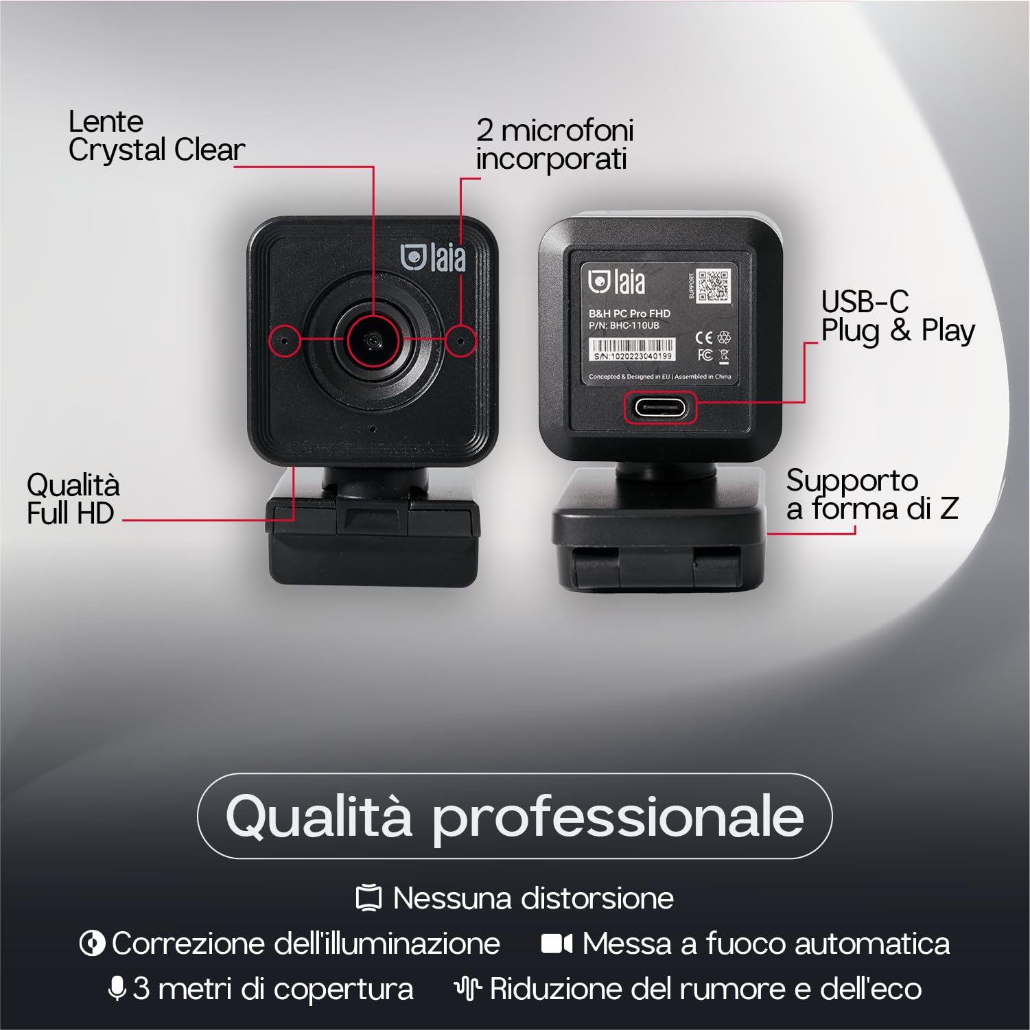 Laia - Webcam PC Pro FHD, European company, per videoconferenze da remoto di alta qualità Full HD 1080P, facile connessione USB-C, autofocus, ideale per riunioni da remoto e telelavoro