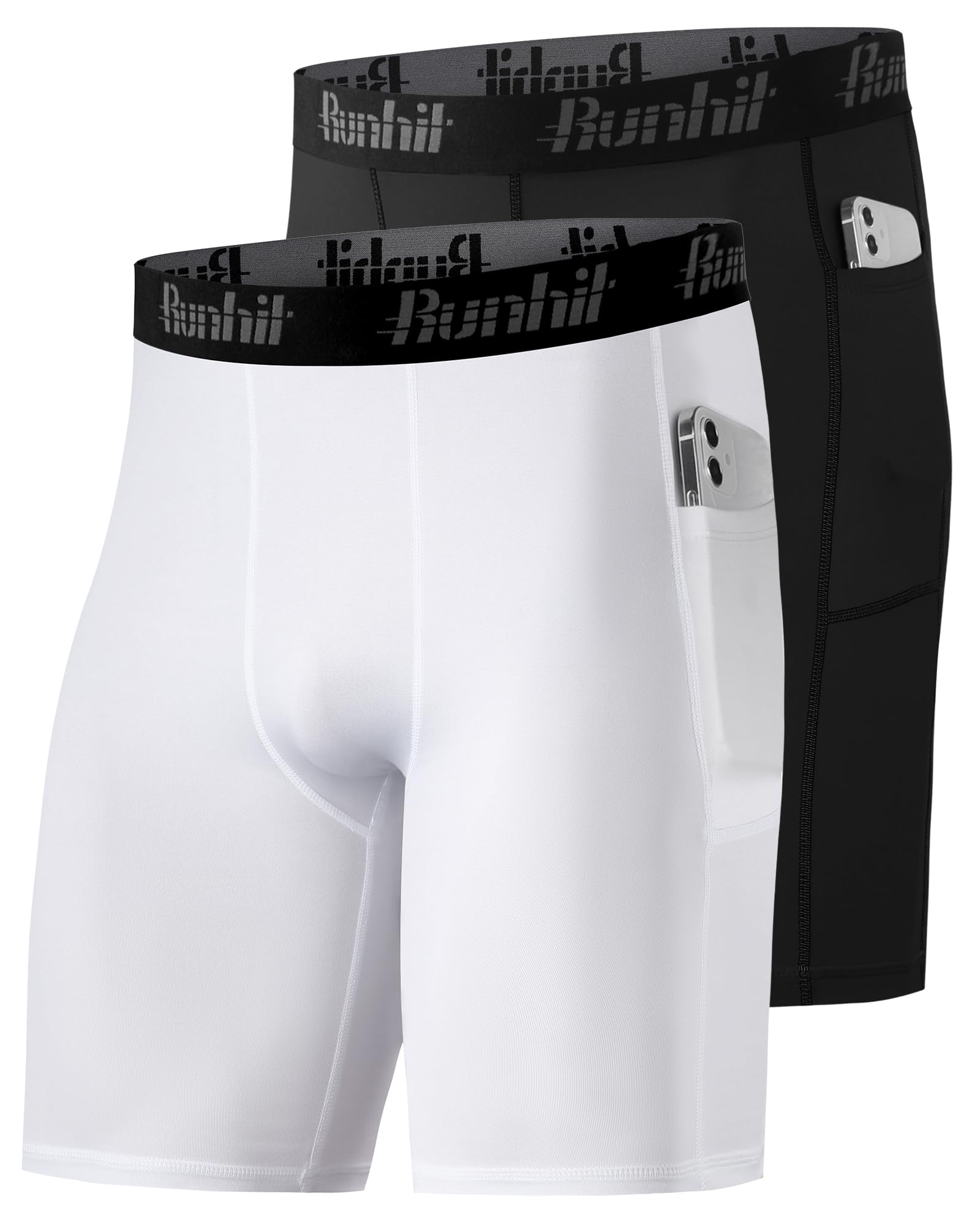 Runhit 1 oder 2 Pack Herren Kompressionsshorts - Base Layer Schnelltrocknende Fußball Unterziehhose Laufhose Atmungsaktive Radlerhose Männer Kompressionshose Tights Kurz mit Handytasche