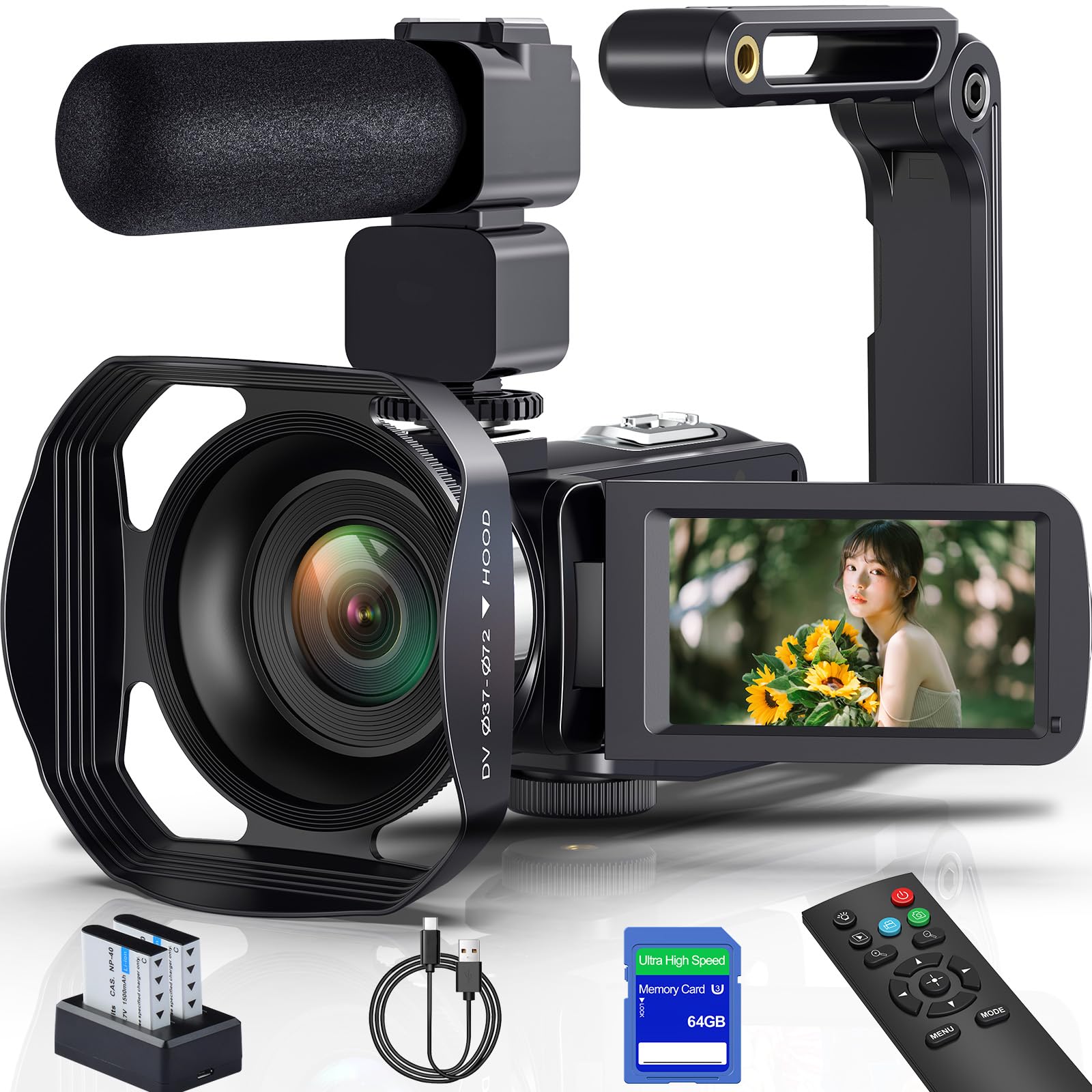 8K 64MP Camcorder Video Camera 18X Digital Zoom Youtube Vlogging Camera Webcam IR Night Vision WiFi 3.0”Touch Screen Camcorders with Microphone, 64G SD Card, Remote Control, Stabilizer and 2 Batteries