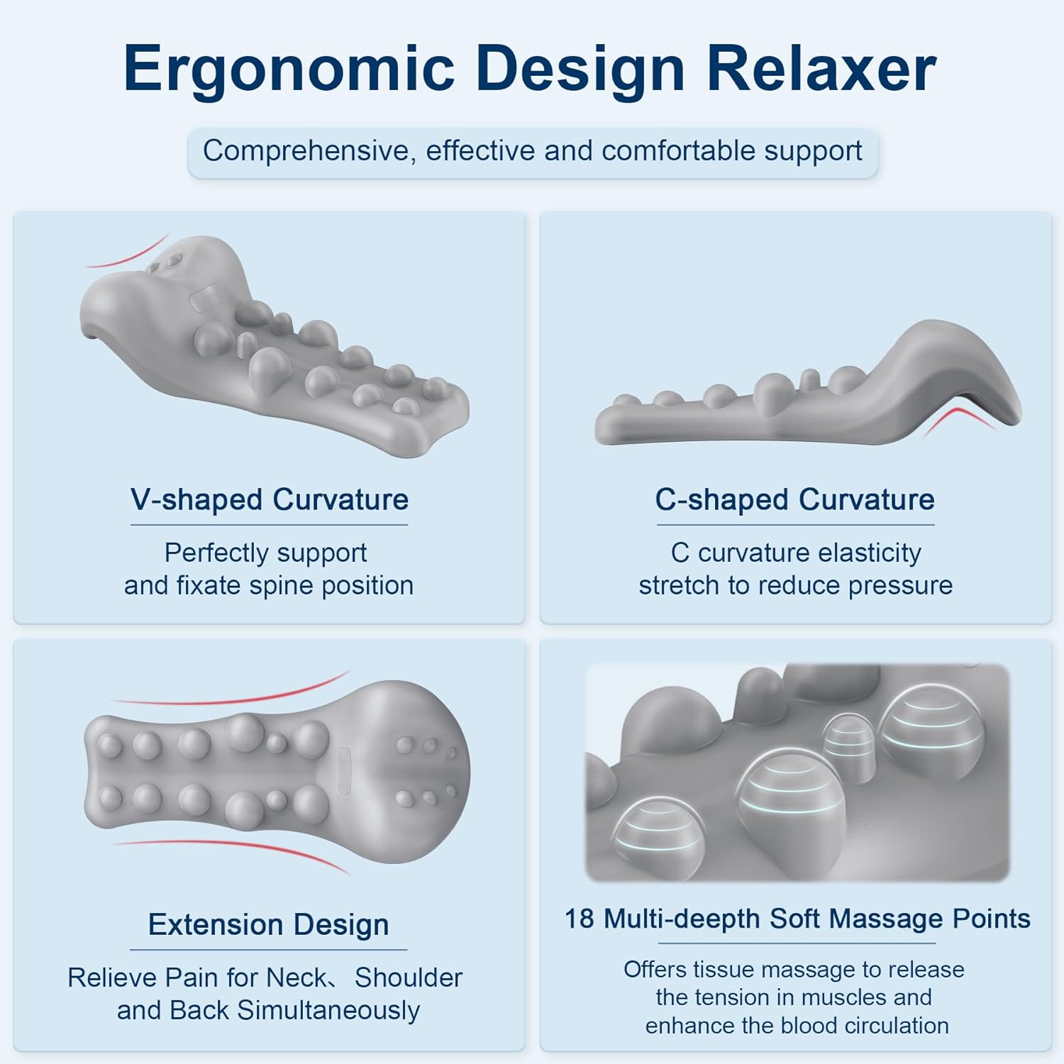 Neck and Shoulder Relaxer with Upper Back Massage Point, Cervical Traction Device Neck Stretcher for TMJ Pain Relief and Cervical Spine Alignment Chiropractic Pillow (Light Gray)