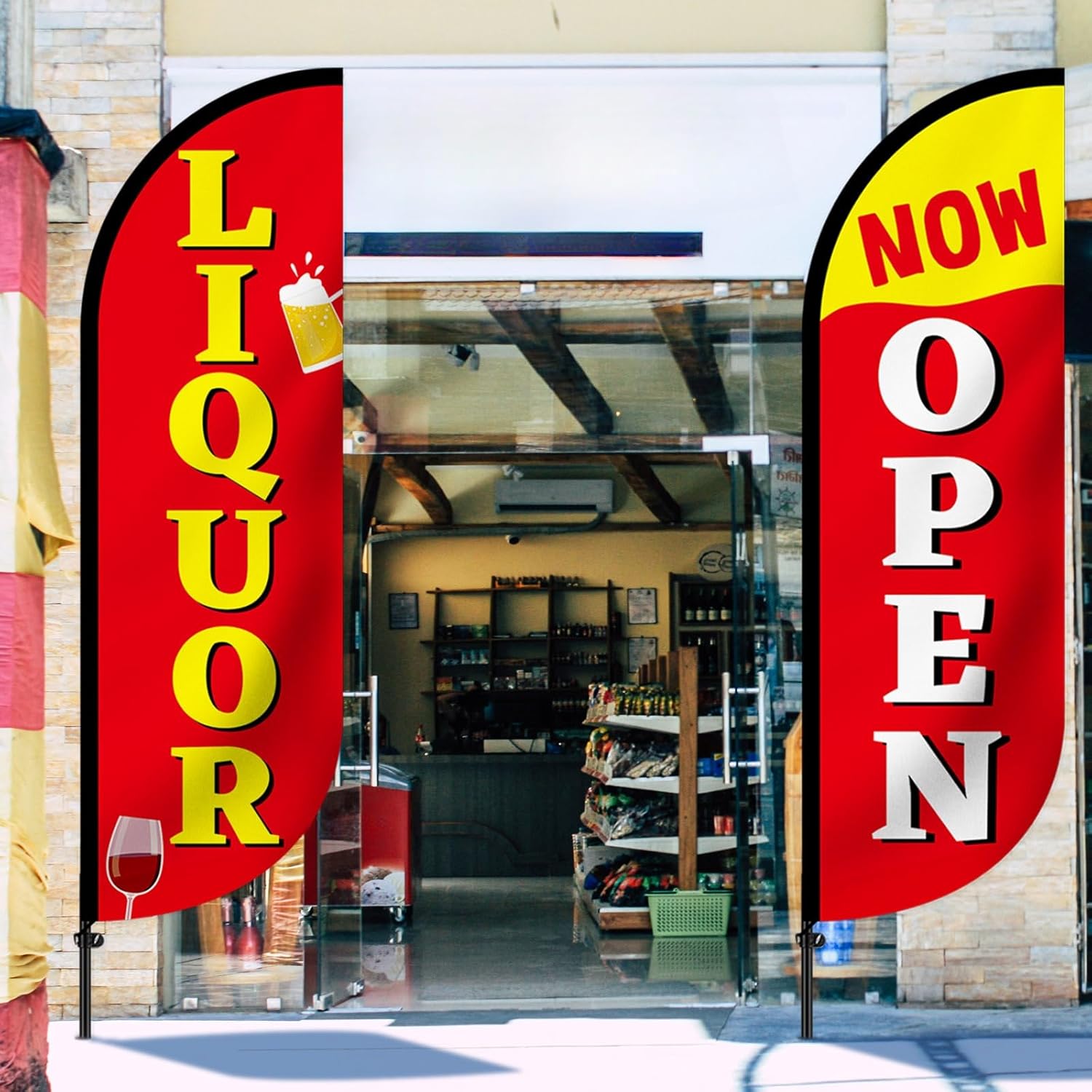2 Pack Liquor Feather Flagpoles Kit 8.2 Feet Now Open Liquor Feather Flags Banner with Poles and Storage Bags Open Signs Advertising Banner for Businesses Market Wine Store Outside Outdoor