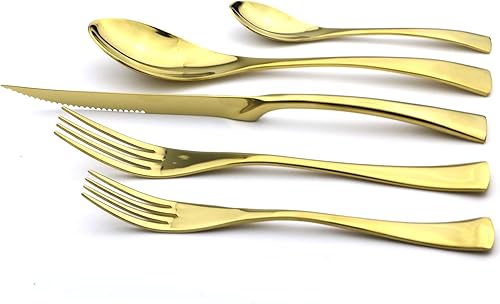 Miniatura 2 de Juego de cubiertos de acero inoxidable 1810 de 20 piezas de cuchillos dentados para carne, pulido de espejo dorado, servicio para 4