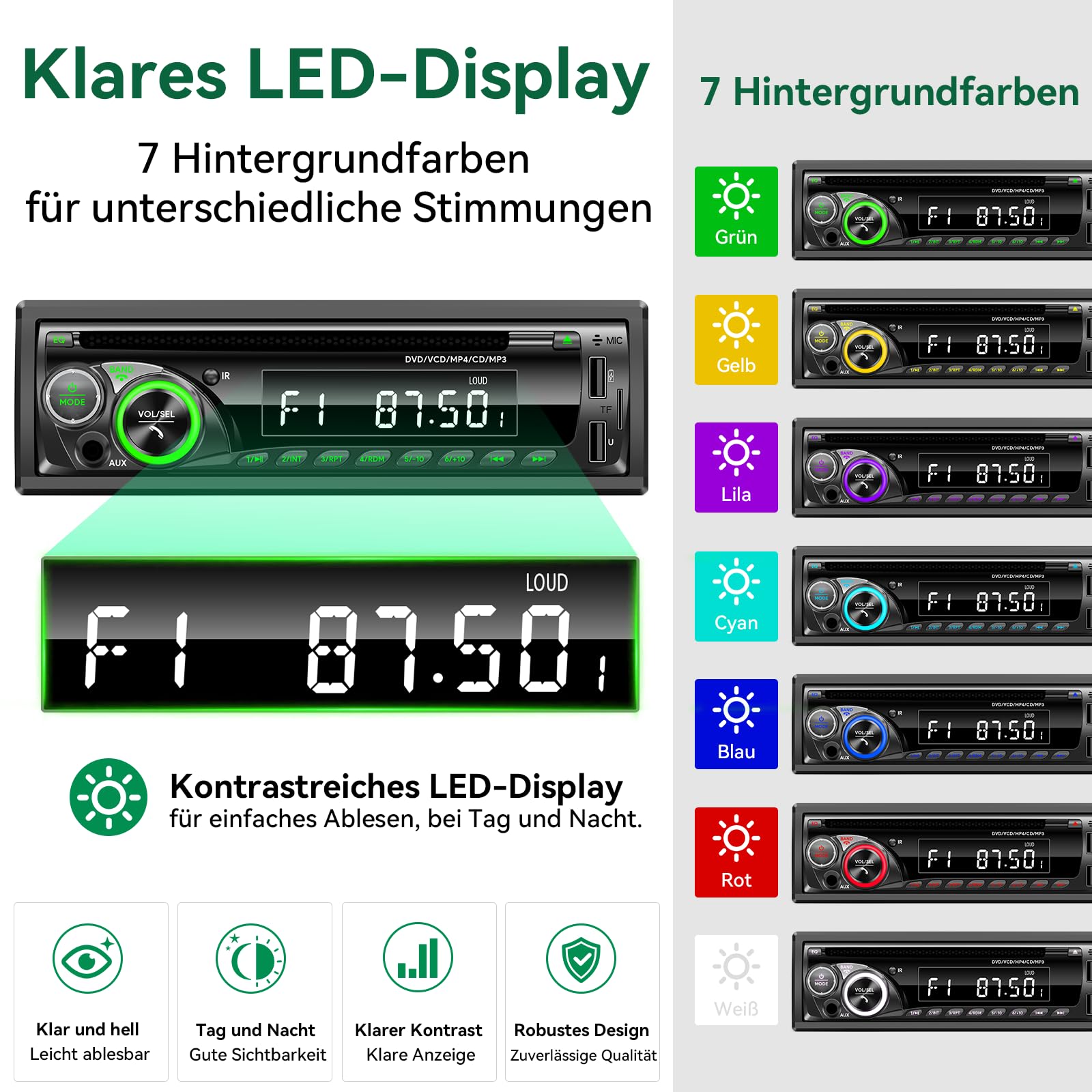 Autoradio Bluetooth mit CD DVD Player, Wistrue RDS/FM/AM Autoradio 1DIN,7 Farben Radio mit 2 USB SD/AUX/Lenkradfernbedienung,MP3 Player