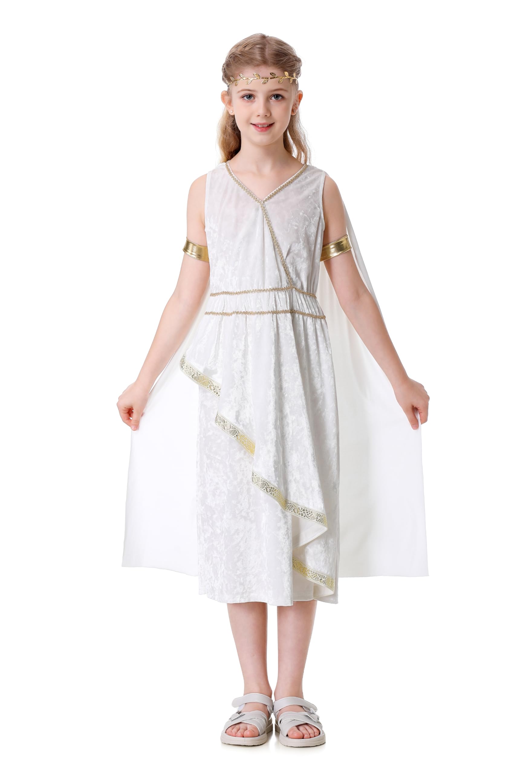 DELIVESS Kids Greek Goddess Costume Girls Athena Toga Roman Princess Dress Medieval Halloween Christmas Cosplay (White, L)