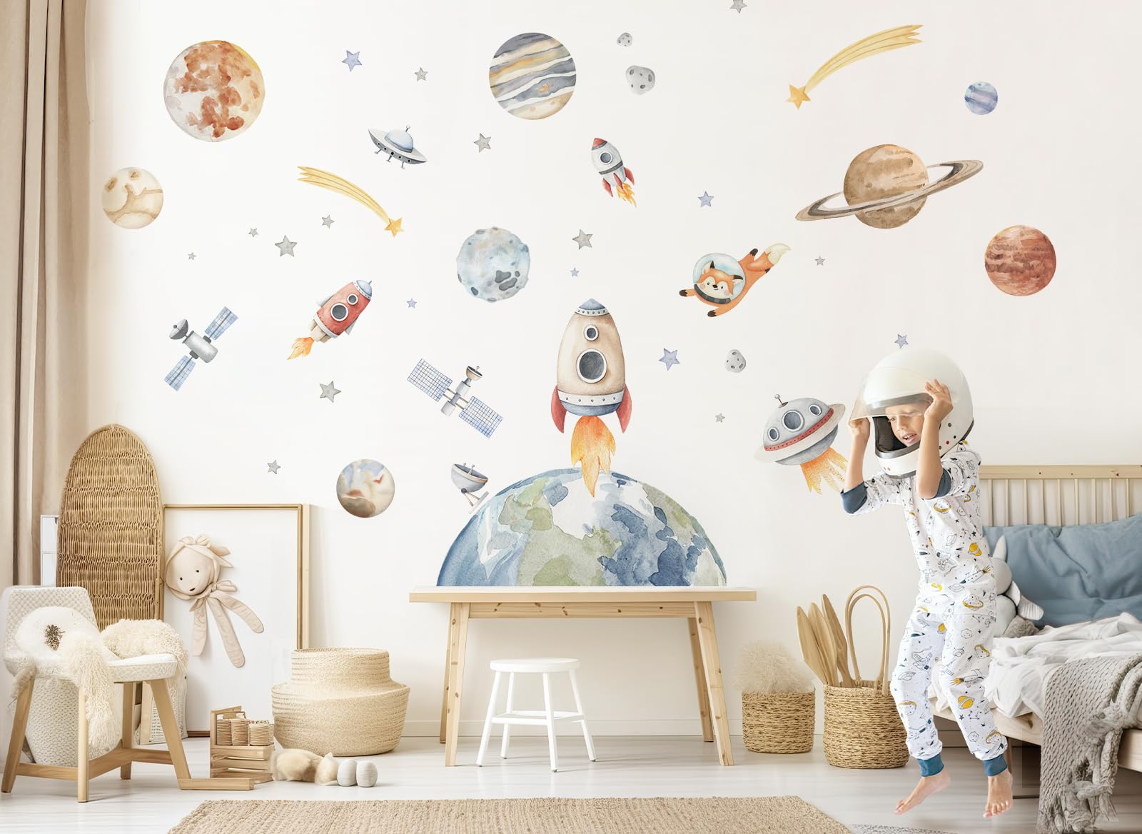 Wandsticker Planeten Weltall Wandtattoo Babyzimmer Sonnensystem Sterne Wandaufkleber Raketen Weltraum Kinderzimmer selbstklebend DK1133-05