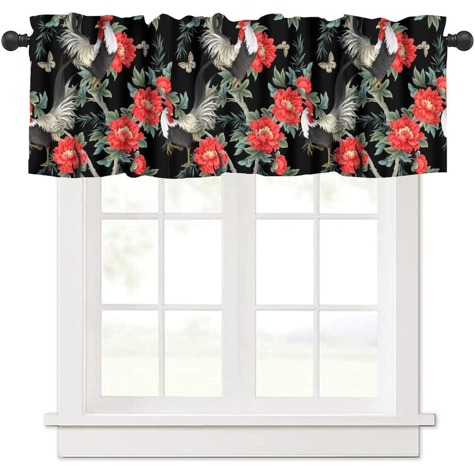 moderw Rooster Floral Window Valance Curtains Vintage Farm Chick Window Treatments Chicken Peonies Flower Curtain Valance for Farmhouse Kitchen Living Room 54x18inch