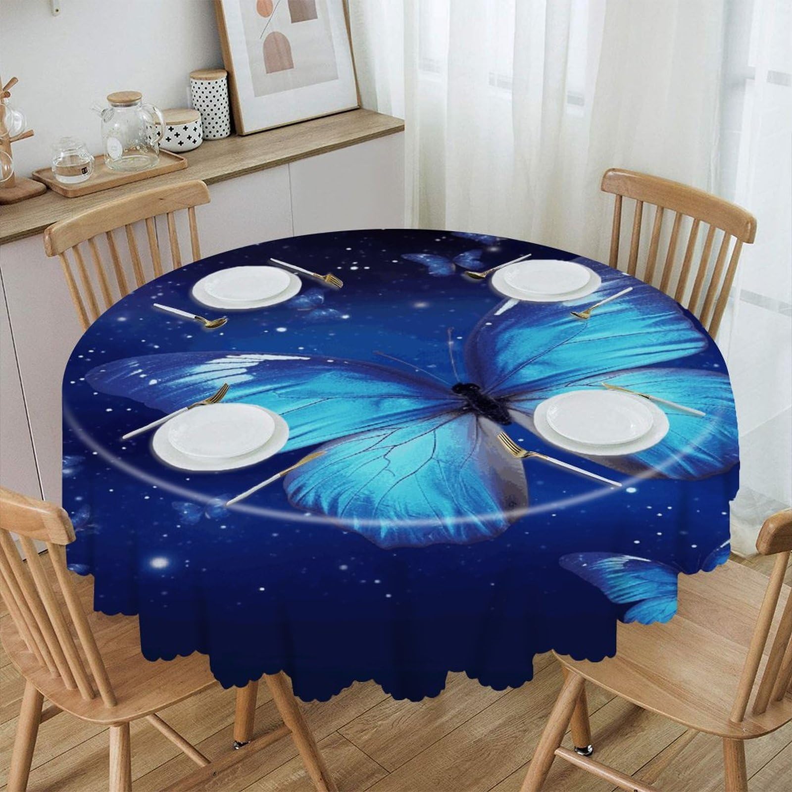 VstaDank 60 Inch Round Blue Starry Butterfly Tablecloth Polyester Waterproof Wrinkle Free Table Cloth Spillproof Washable Table Cover Colorful Tablecover Decor for Home Kitchen Dining Party
