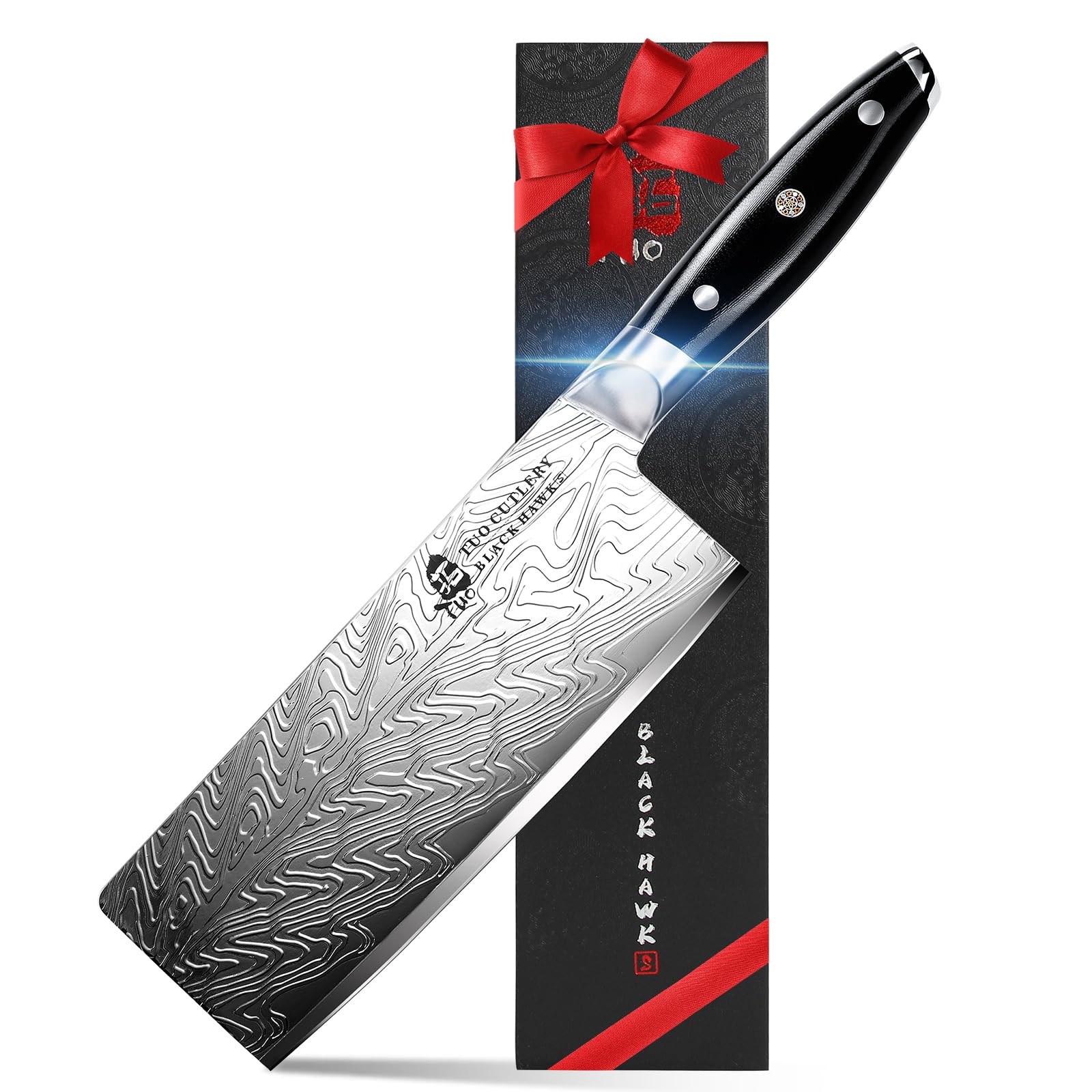 TUO Nakiri Knife - 7 Inch Vegetable Chopping Knife - Meat Cleaver - High Carbon Stainless Steel - Kitchen Knives with G10 Full Tang Handle with Gift Box - Black Hawk S Series