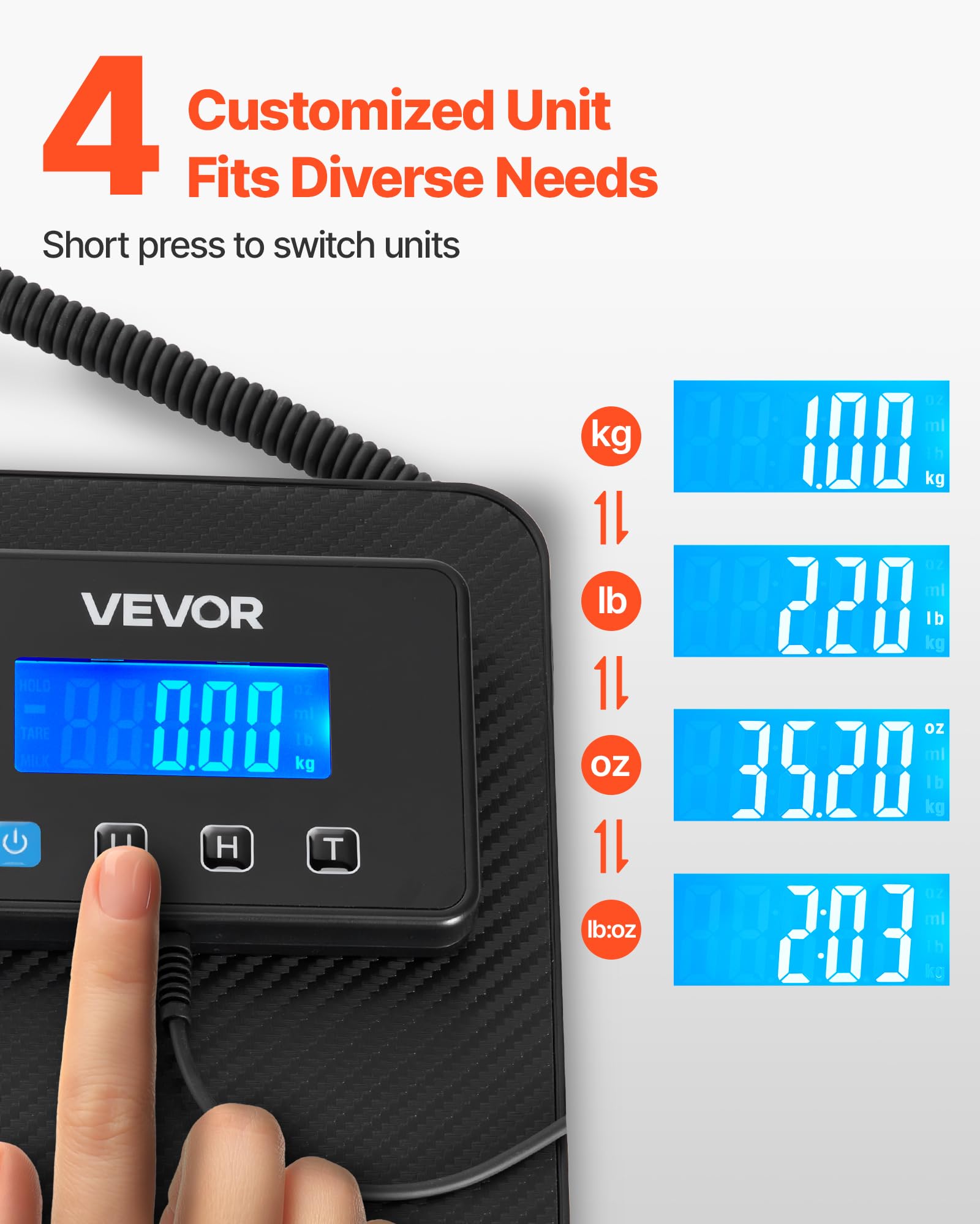 VEVOR Báscula Digital para Paquetes, 10/100 g, Doble Precisión, Plataforma de 200 kg con Función de Tara/Retención y Pantalla LCD, para Paquetes, Envíos y Equipaje, con Batería y Cable de Carga