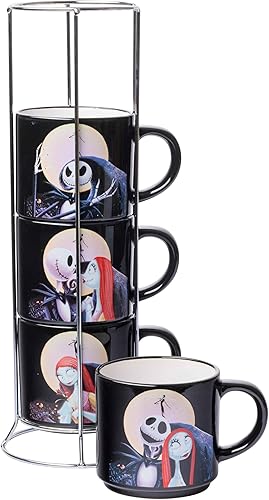 Silver Buffalo Nightmare Before Christmas Jack Sally Scene - Juego de 4 tazas de cerámica, 10 onzas, pesadilla antes de Navidad, paquete de 4 tazas,