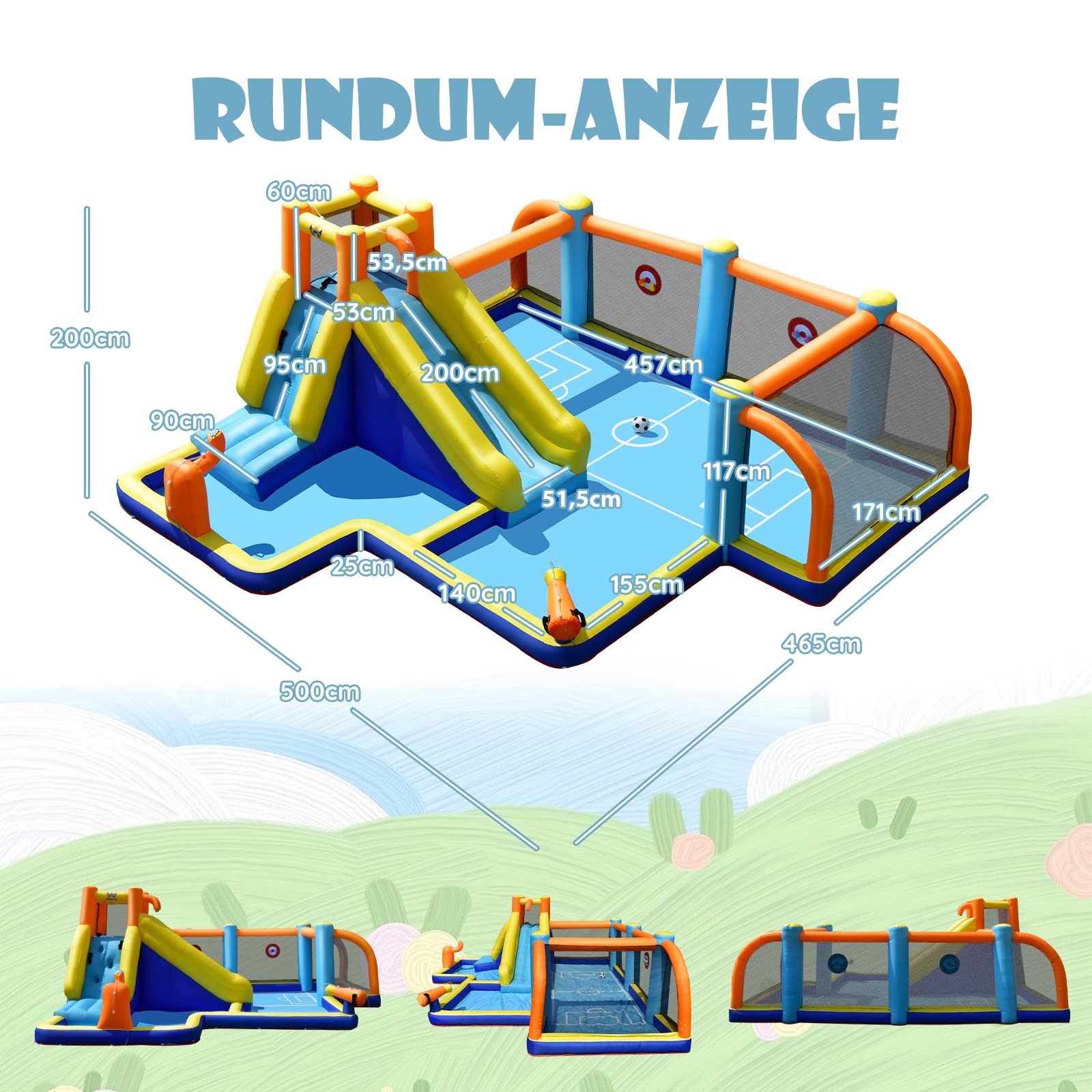 COSTWAY Aufblasbare Hüpfburg mit Gebläse, Wasserrutsche, Planschbecken, Fußballzone, Kletterwand, Zwei Wasserkanonen, und Zielspiel, Spielpool 500 x 465 x 200 cm