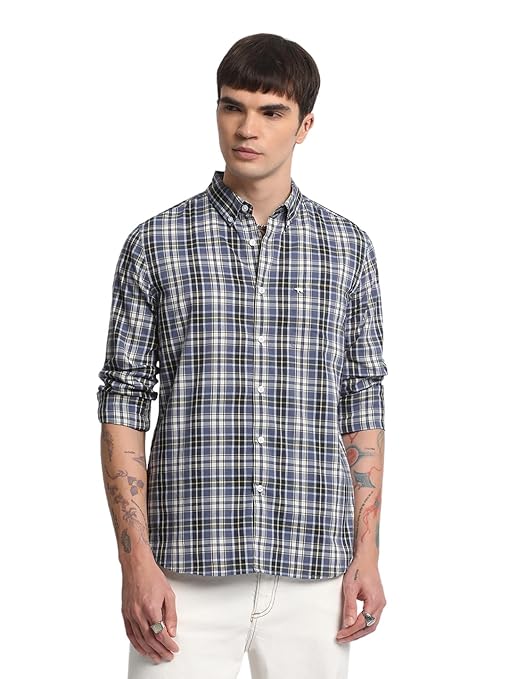 THE BEAR HOUSE Men Blue Checked Slim Fit Cotton Casual Shirt Amazon