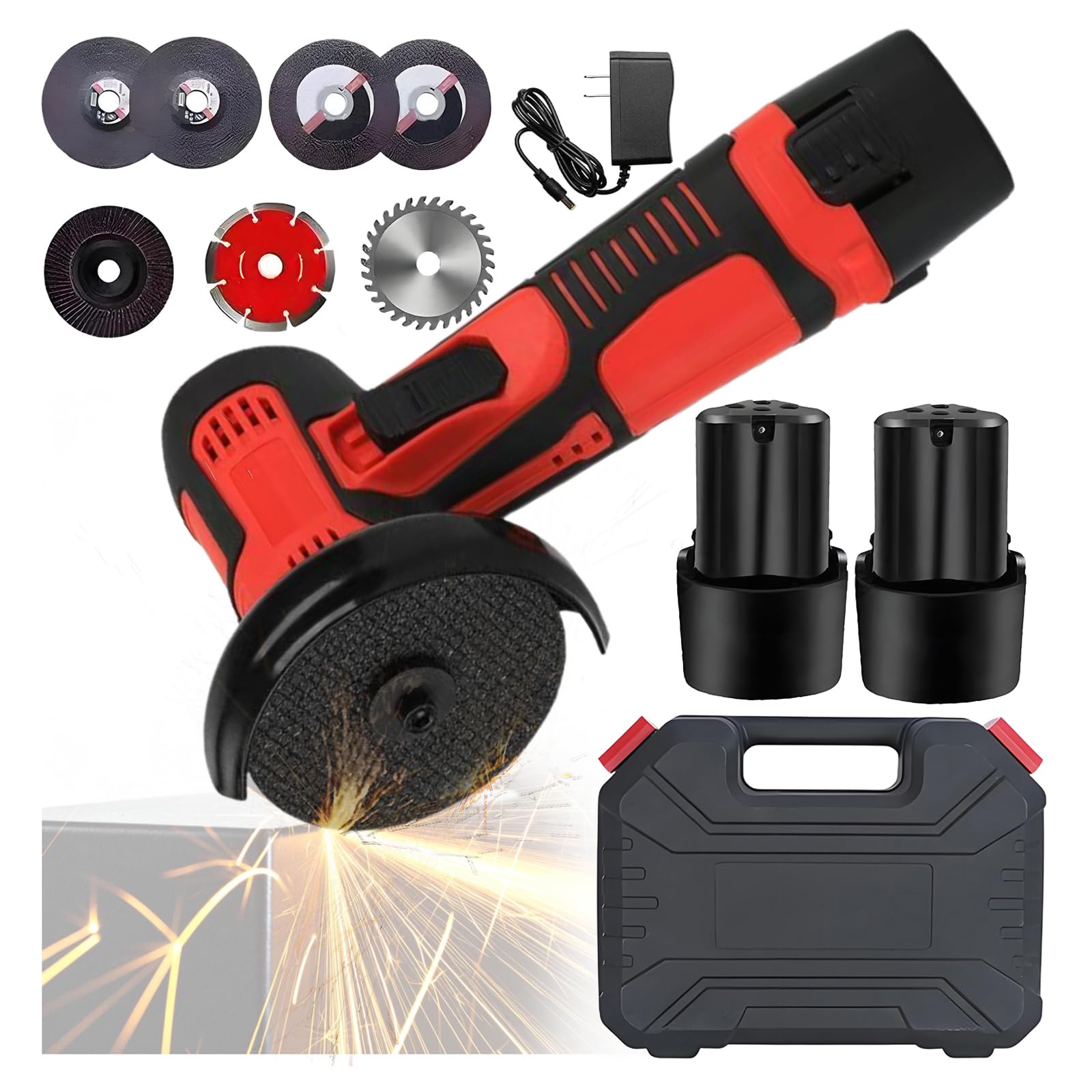 Mini Amoladora Angular, Multifunción Amoladora Pequeña a Doble Batería con Motor de Alta Potencia, 7 Accesorios y Maletín de Transporte para Cortar y Pulir Baldosas, Madera, Acero, Piedra