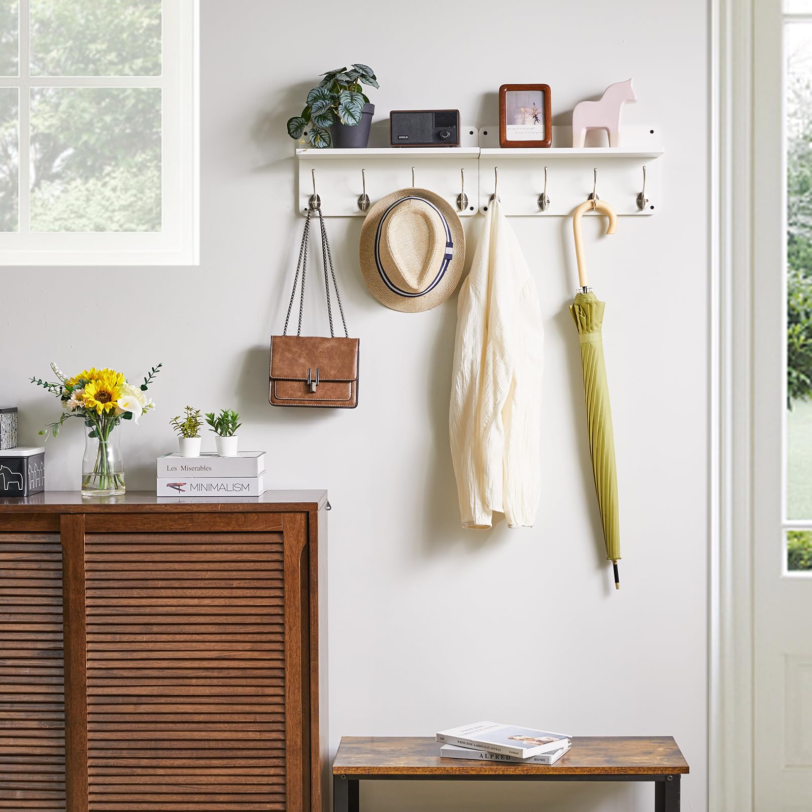 YMYNY Coat Rack Shelf Wall Mounted, Wooden Coat Hooks Set of 2, Entryway Coat Hanger with 8 Hooks,80cm L Floating Shelves - Image 2