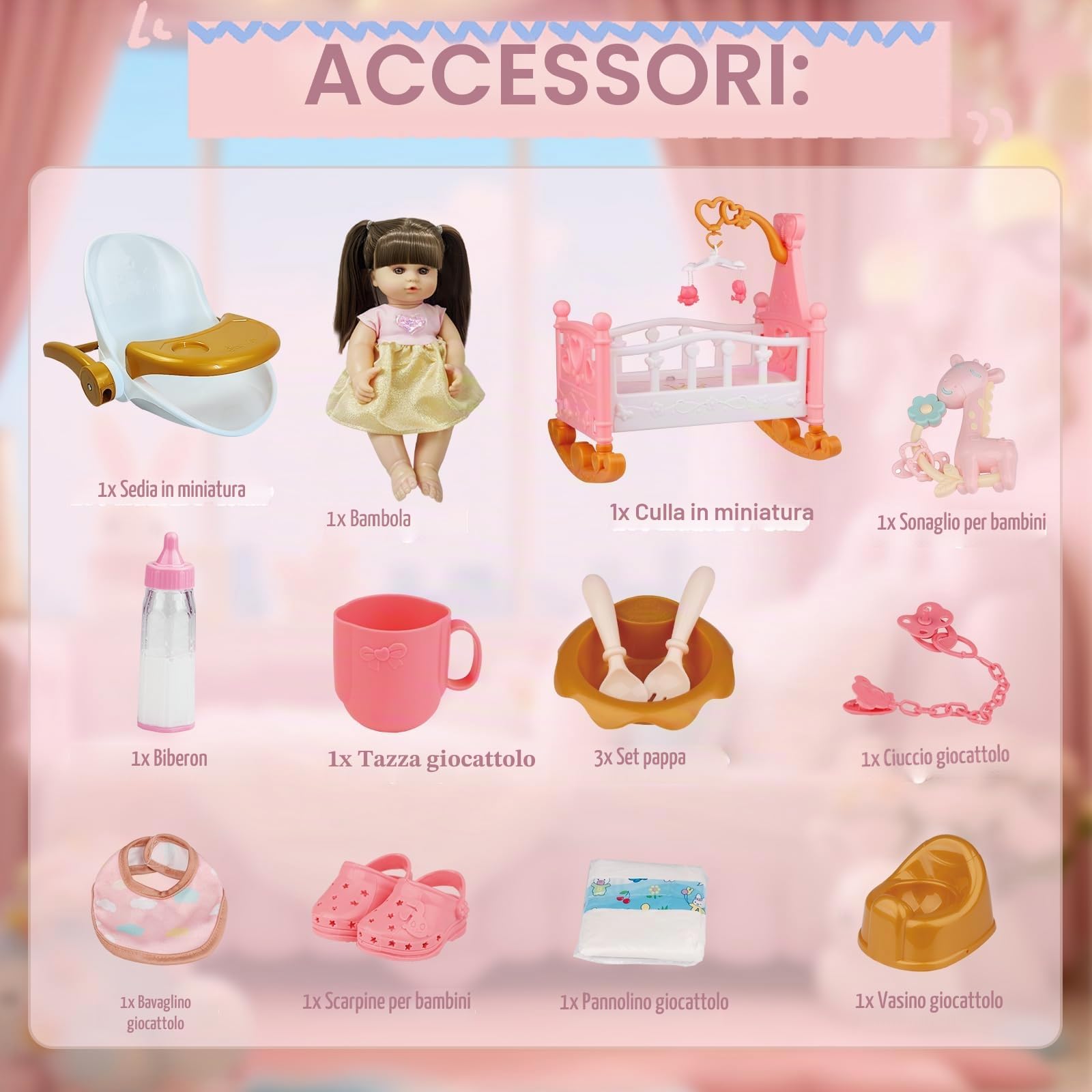 RedCrab Set Bambola con Accessori, 32cm Bambola con Funzione di Alimentazione, Lettino, Seggiolone, Vestiti, Biberon, Tettarella, Vasino e Pannolini, Giocattolo Regalo per Bambina 3+ Anni