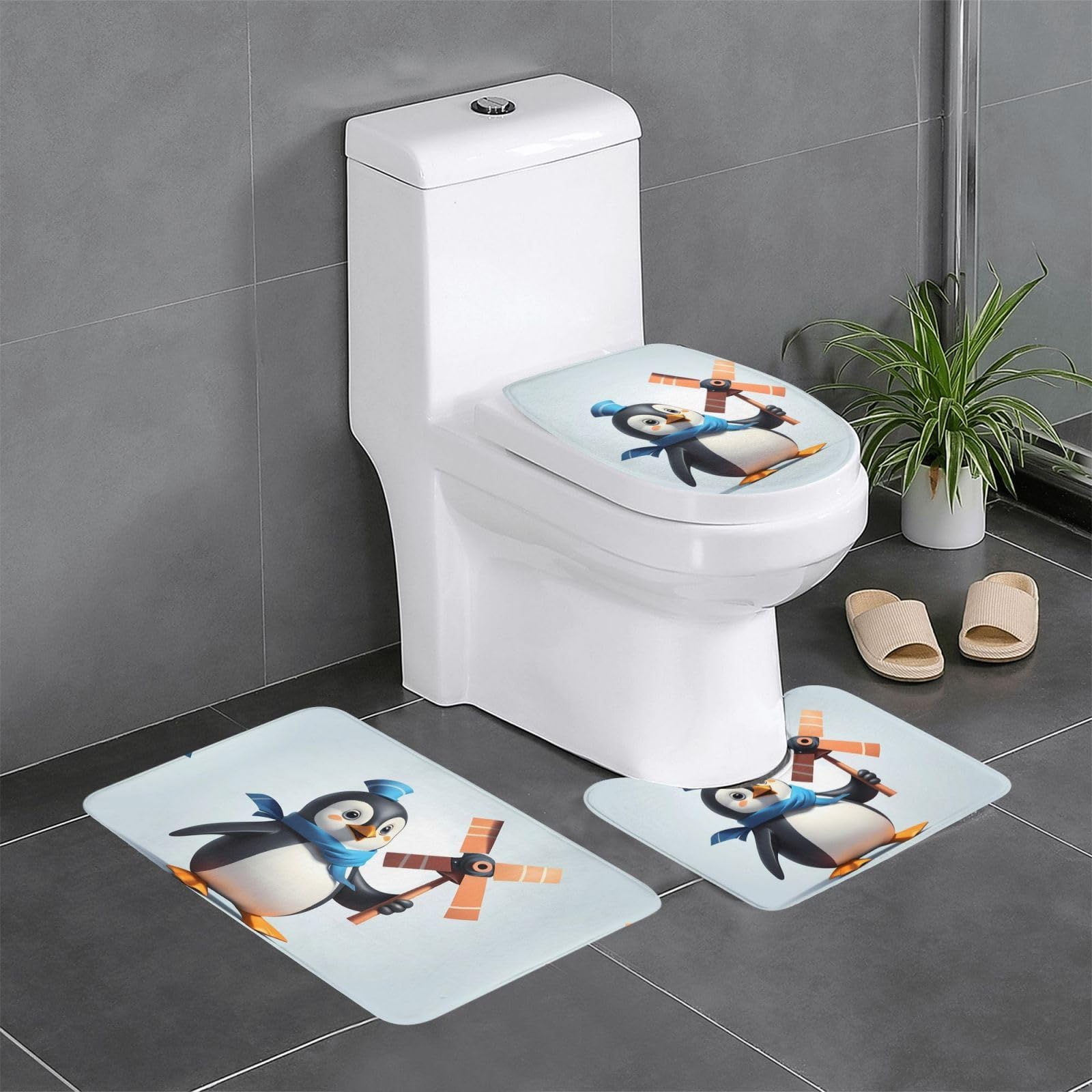Tapis de bain lavable pingouin en lot de 3 pièces avec envers antiglisse