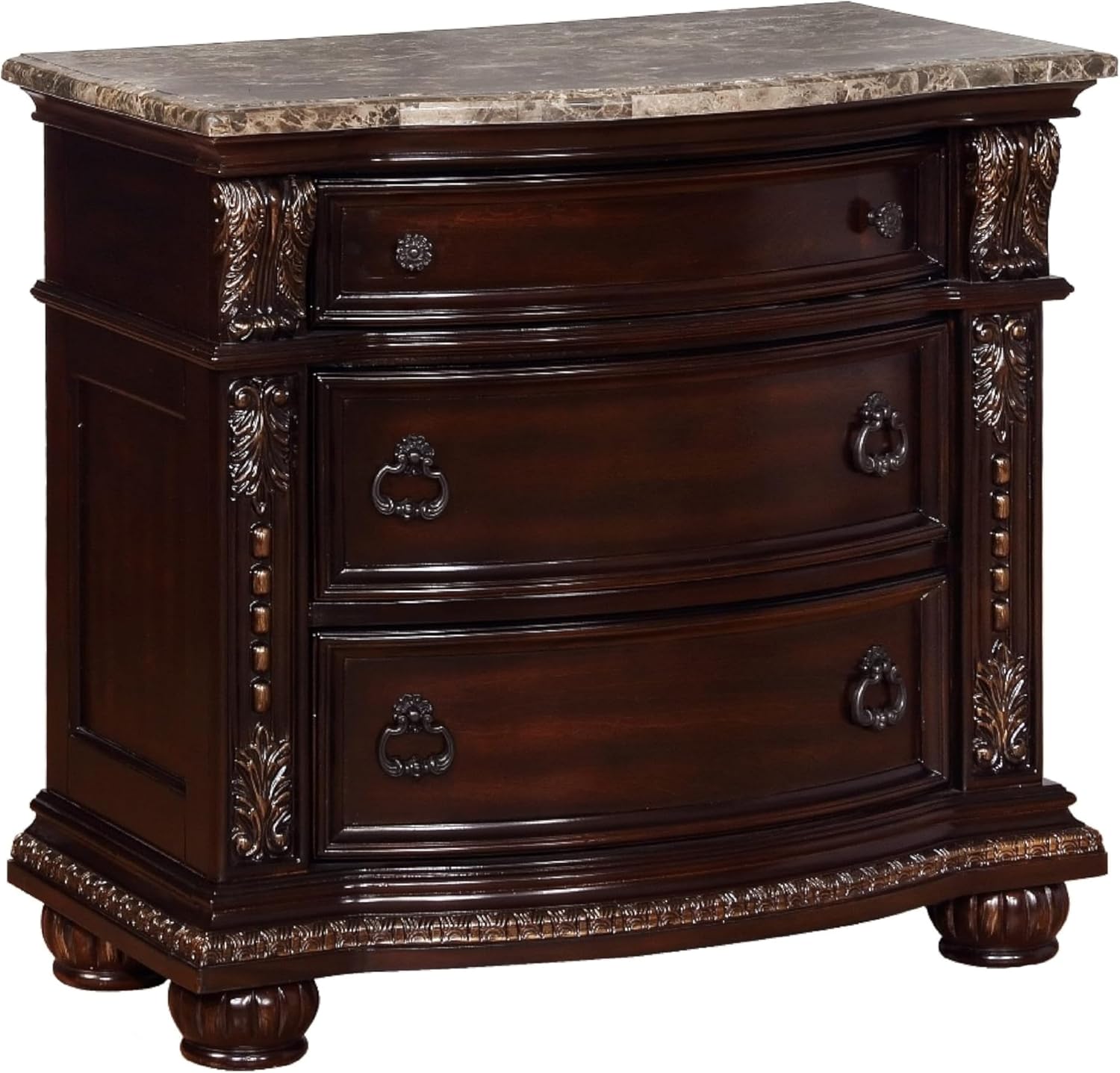 Benjara Wooden Nightstand with Three Spacious Drawers and Bun Feet, Brown