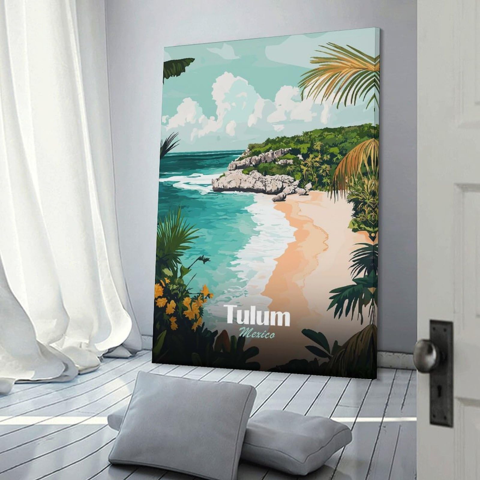 Junmoney Tulum Mexico Beach Landscape Illustration Wall Art Print 20x30inch(50x75cm), for Hallway, Entryway Or Landing, Wall Decor to Refresh Empty Corners, for Cosy Room Updates