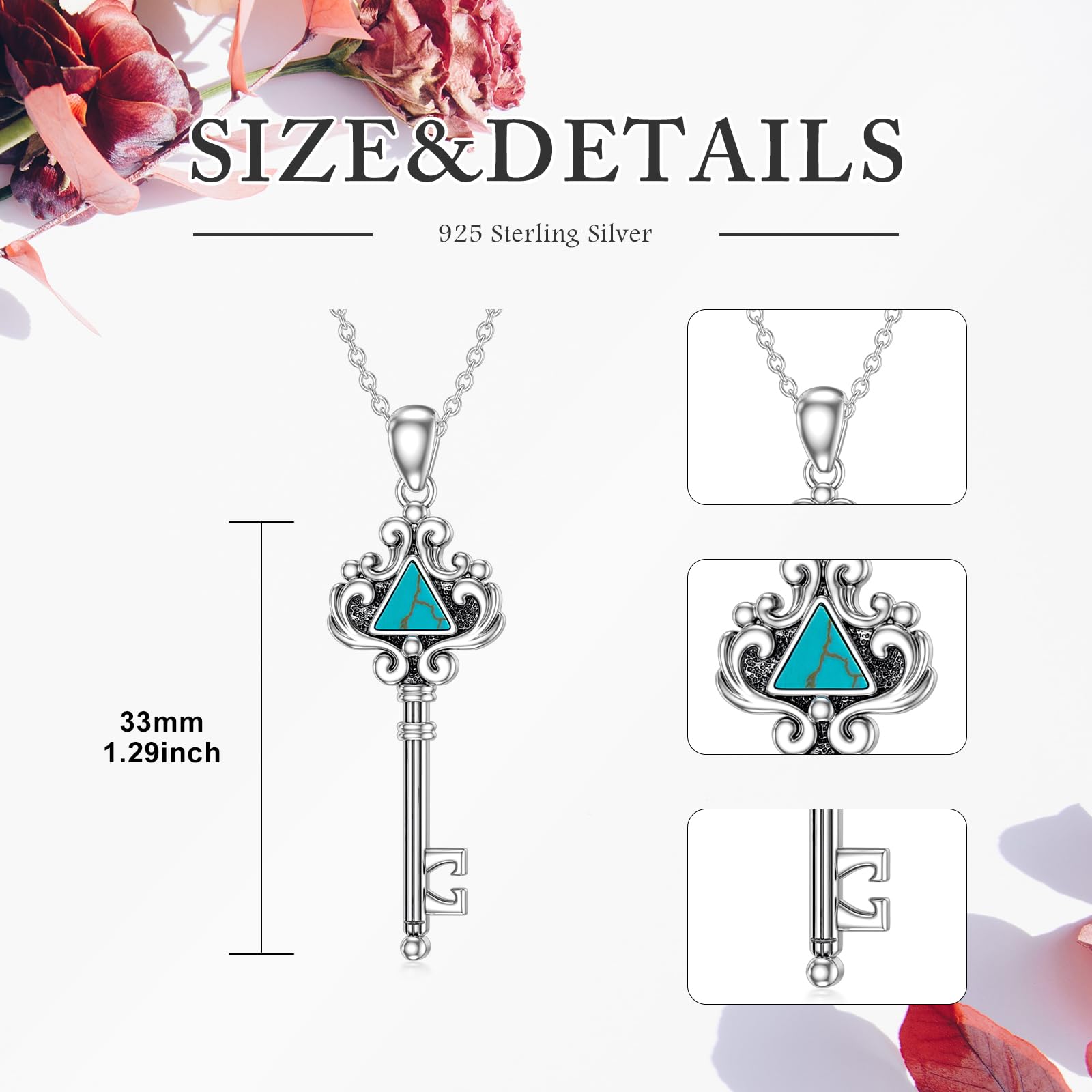 Schlüssel-Halskette 925er-Sterlingsilber Dreieck echter Türkis-Edelstein Schlüsselanhänger Western-Bohemian-Schmuck Geschenke für Frauen