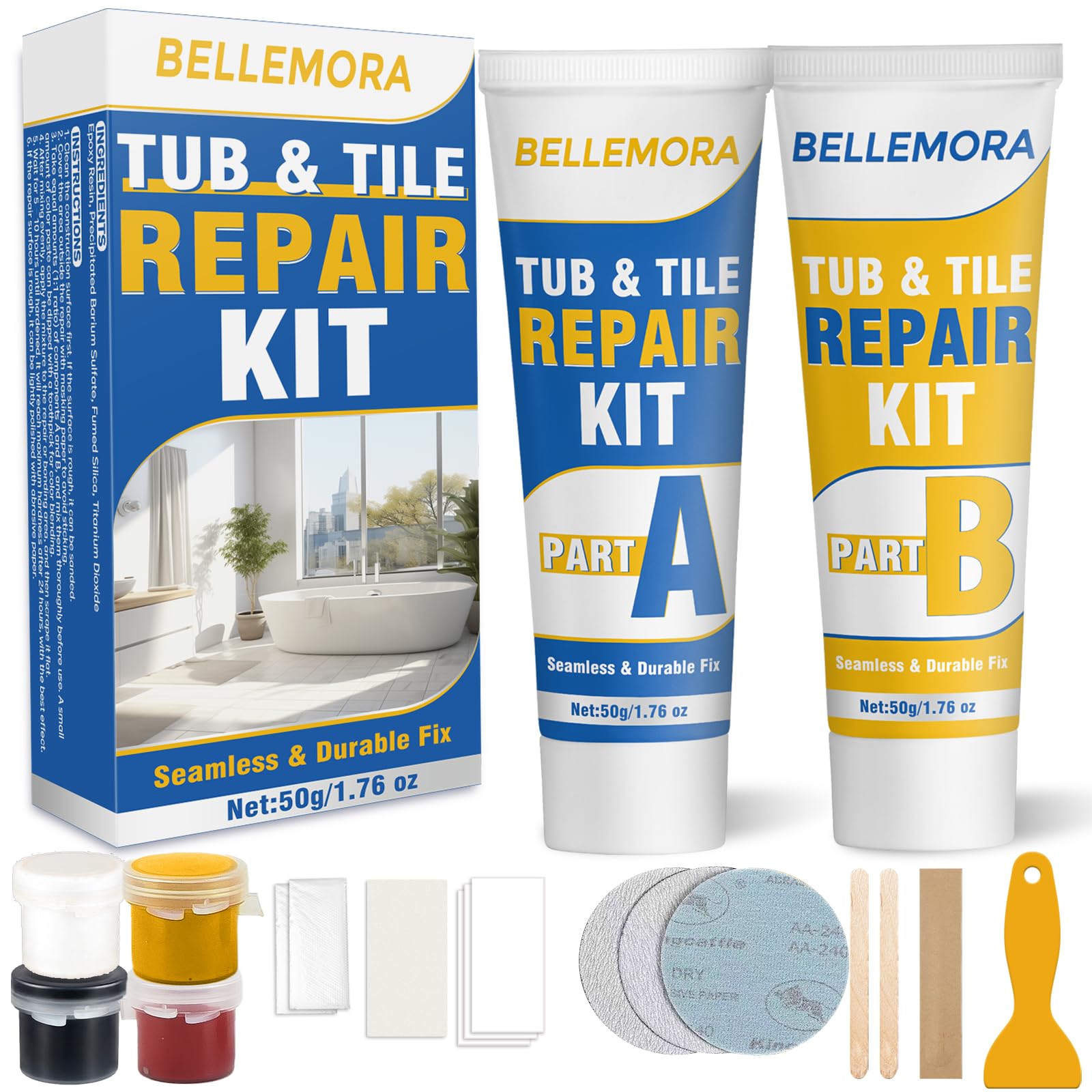 Porcelain Repair Kit, Fiberglass Repair Kit, Professional Tile Repair Kit for Cracks, Chips, Scratches, Rust, Holes on Tubs, Toilet, Sink and Shower Tray, Color Match