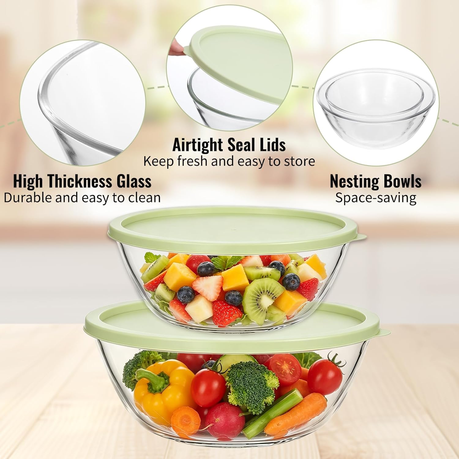 5Qt & 3Qt Large Glass Bowl with Lid, Big Glass Mixing Bowl for Sourdough Bread Kitchen Salad Bread Storage, Perfect for Dough Rising, Meal Prepping, Marinating & Brining Kimch