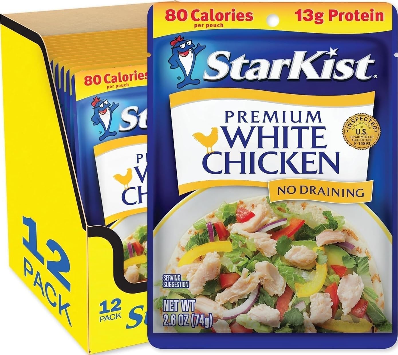StarKist Premium White Chicken, 2.6oz Pouch, 12-Pack | 13g Protein Per Serving, Fully Cooked White Meat, Gluten Free, Soy Free, No Draining, Ready to Eat for Salad and Sandwiches