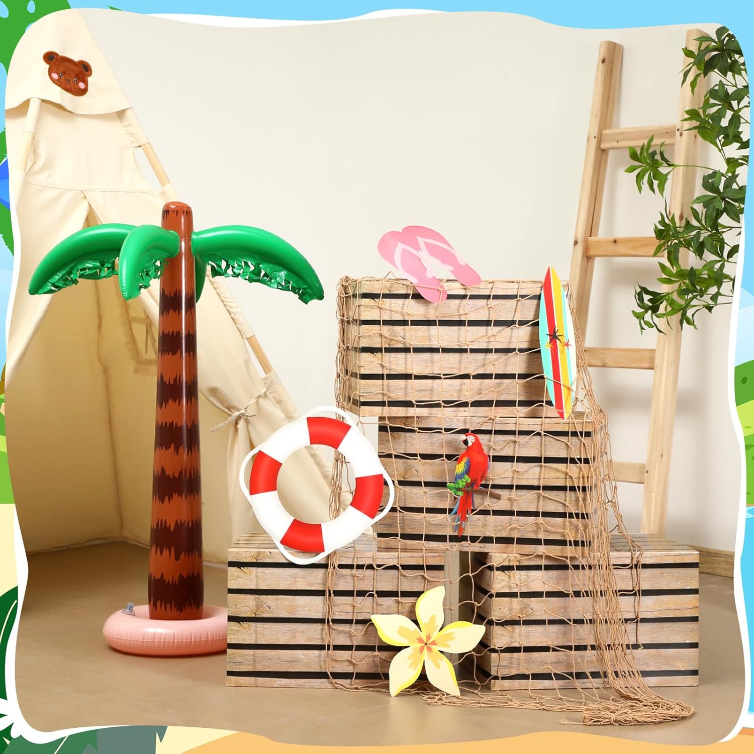 Jellyarch 10 Pcs Inflatable Palm Tree Set Giant Blow up Palm Tree Fake Wooden Boxes Natural Fishing Net Luau Party Decorations Hawaiian Tropical Birthday Party Decorations for Beach Ocean Jungle Decor