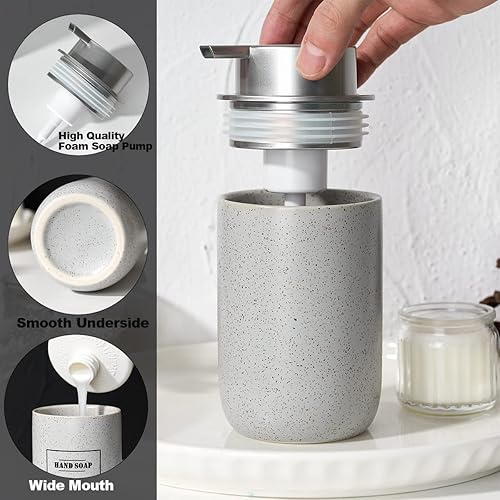 Miniatura 7 de Dispensador de jabón espumoso gris, dispensador de espuma de cerámica con bomba de plástico plateado para baño y cocina, dispensador de espuma
