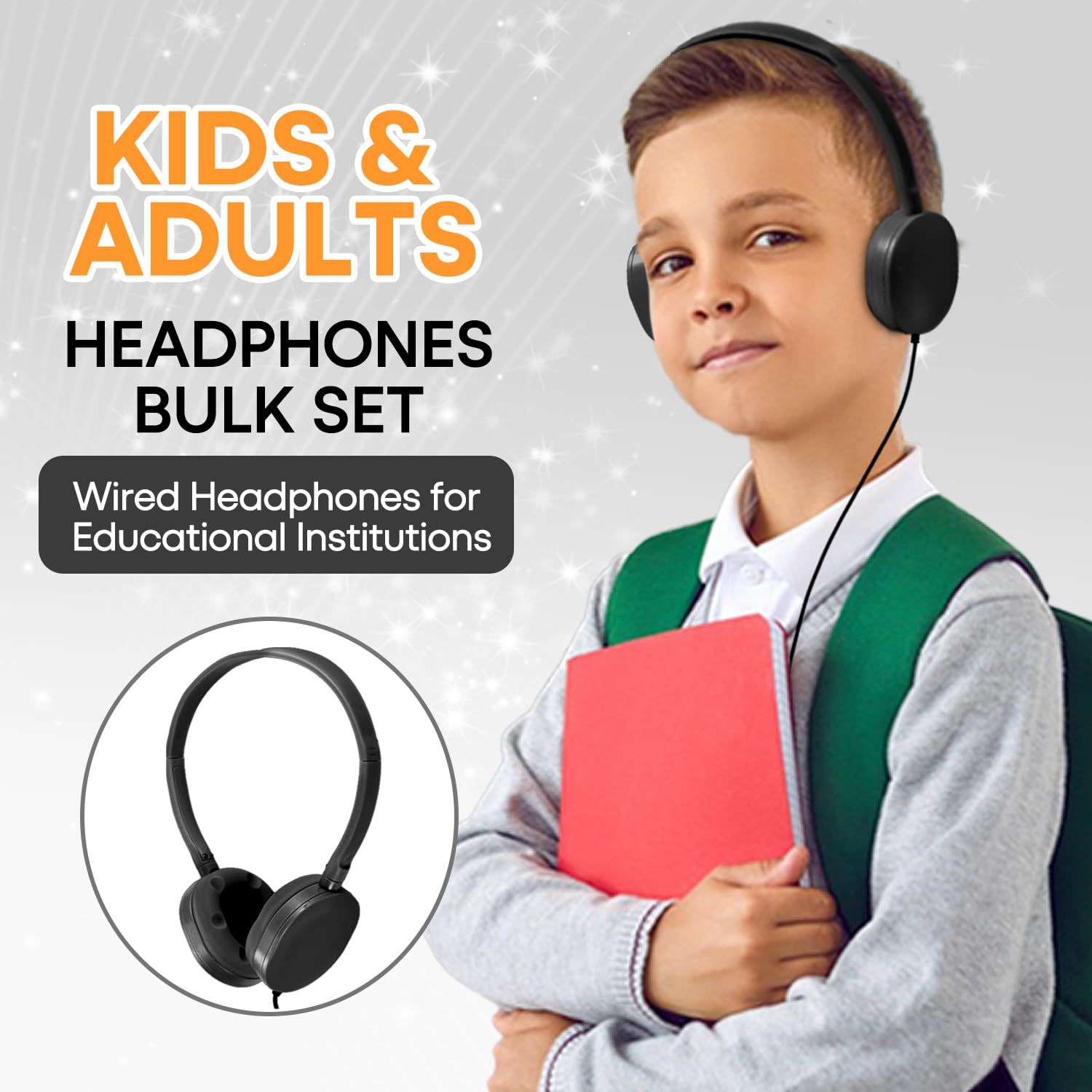 Wholeslae - Juego de 25 auriculares a granel para el aula escolar, auriculares duraderos con cable para estudiantes, niños, adolescentes, niños y adultos (HY104, negro)