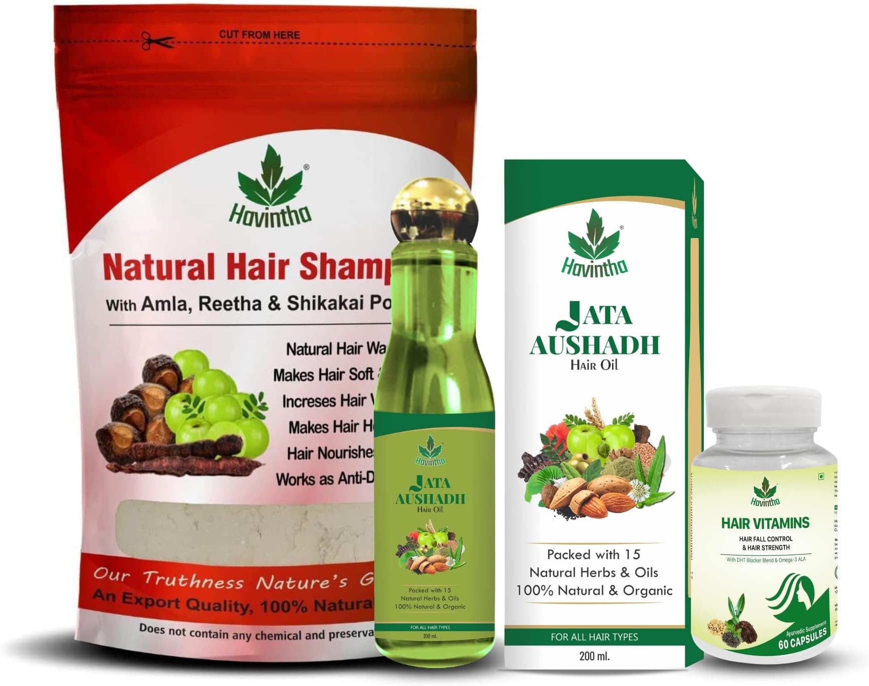 Havintha Natural Hair Shampoo With Amla, Reetha And Shikakai Powder - 227 Gm & Natural Jata Aushadh Hair Oil for Hair Growth - 200 ml & DHT Blocker Capsules - 60 Veg Capsule (Combo Pack of 3)