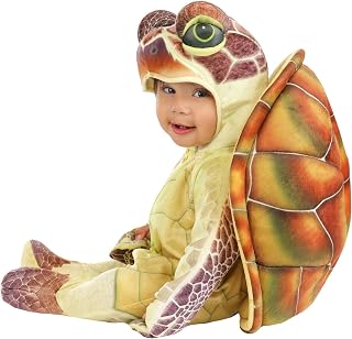 Infant Sea Turtle Costume with Hooded Jumpsuit, Mitts, Shoe Covers and Shell for Halloween and Play Pretend Dress Up