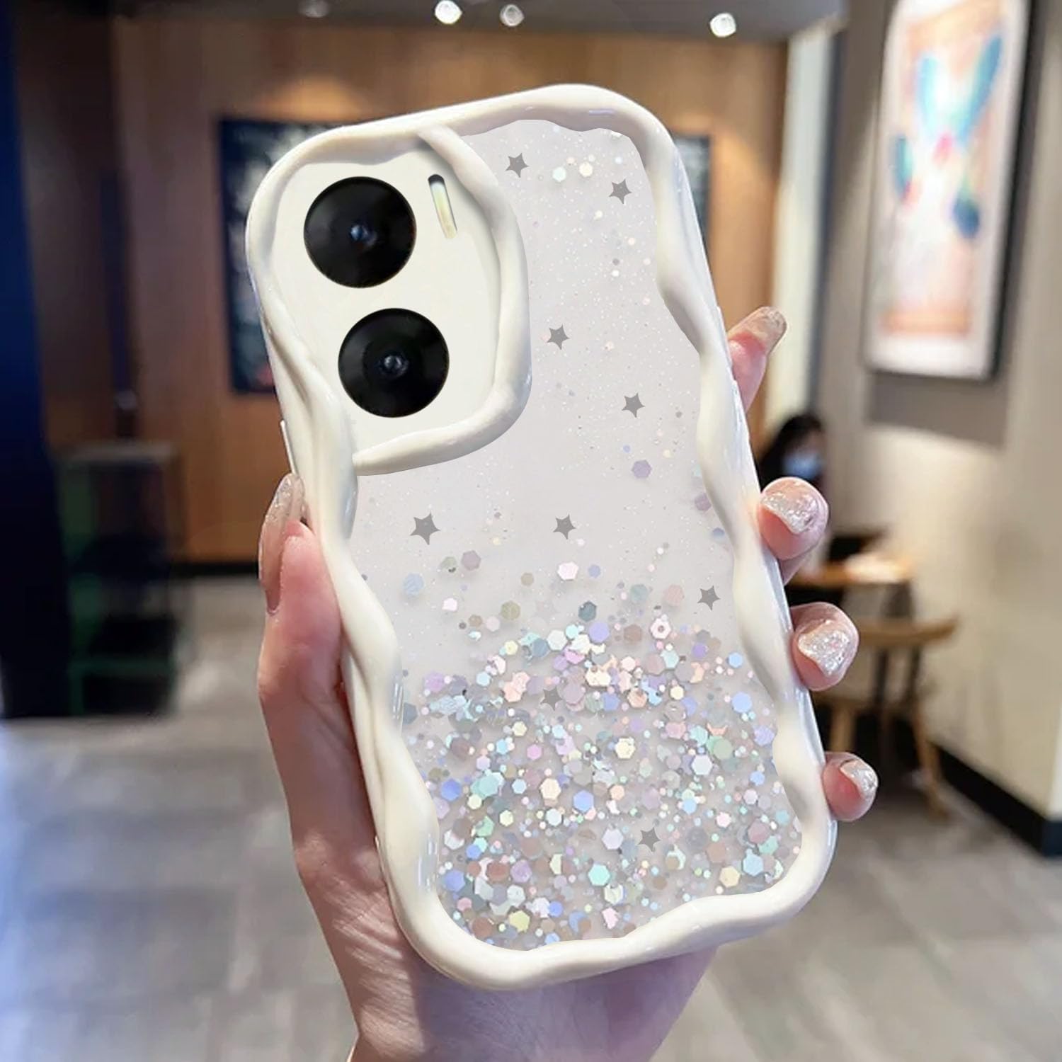 KC Back Cover for Vivo V29e 5G - Dry Fixed Non Moving Glitter Curly Wave Shape Shockproof Bumper Soft Silicone Case with Camera Protection (White) (B0CXDTLXW9) Amazon Price History, Amazon Price Tracker