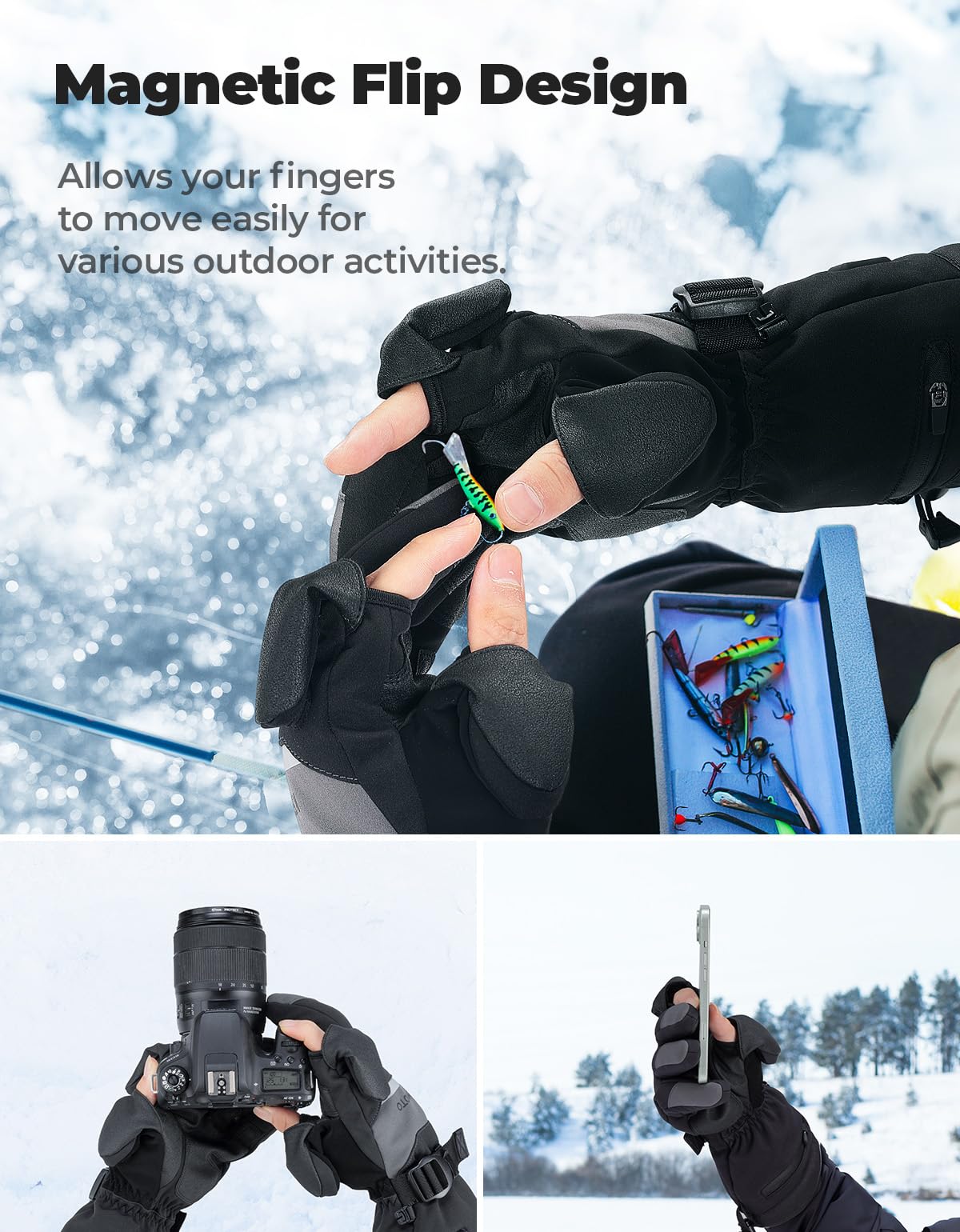 KEMIMOTO Gants Chauffants, Gants Thermiques Batterie 7,4 V, 2500 mAh, pour la Neige, la Pêche sur Glace et Les Activités de Plein Air Hivernales