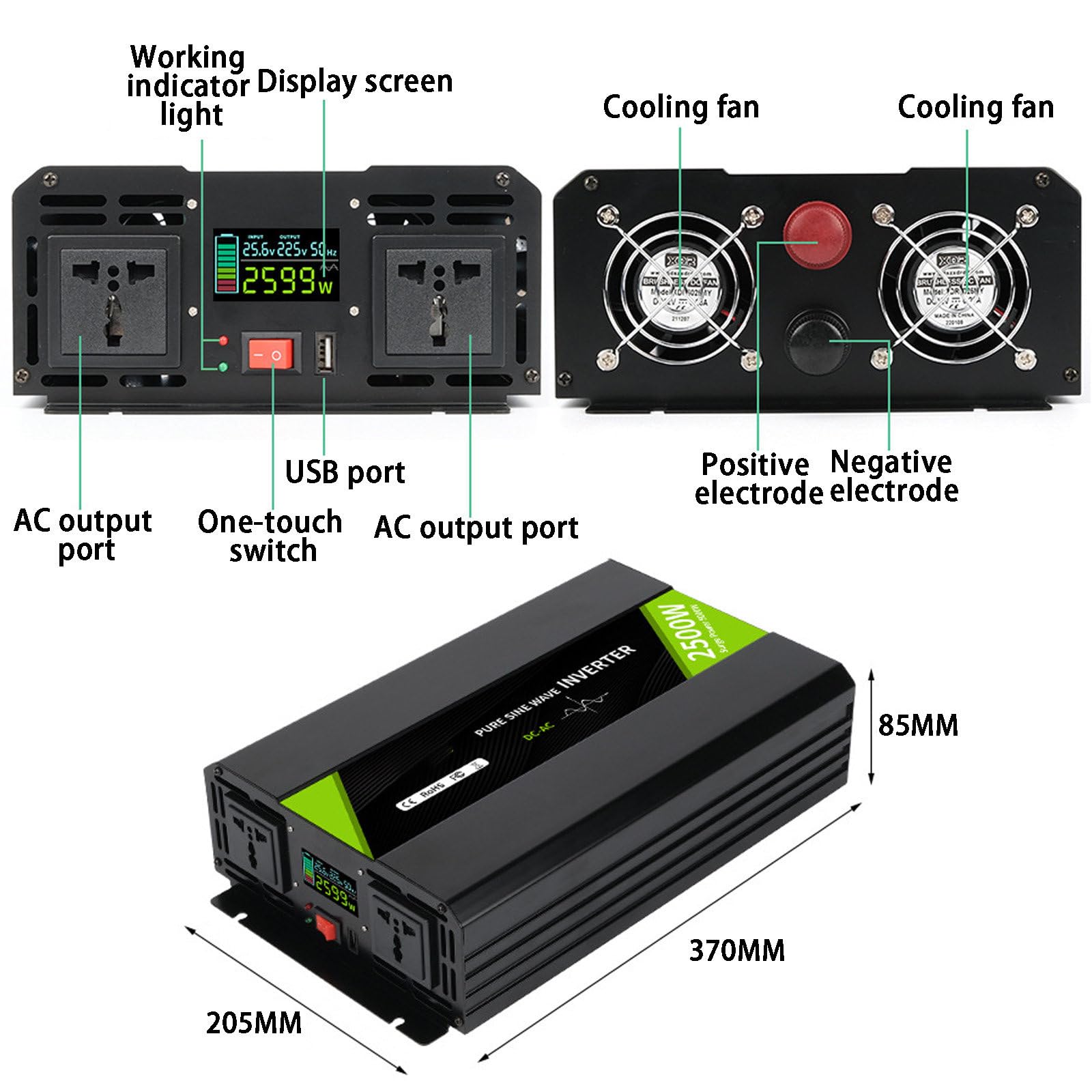 Convertisseur de Courant pour Voiture, DC 12 V/24 V/48 V vers AC 110 V/220 V, Adaptateur de Prise de Voiture pour Charger un Ordinateur Portable, Consoles et Plus Encore,2500W-DC48V-AC110V