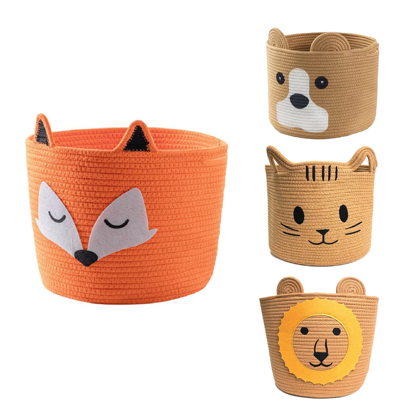Voltico Fox Animal Cotton Rope Toy Basket, 30X30cm Foldable Woven Baby Storage Basket,Kallax Compatible,Versatile Storage Boxes For Nursery Organization (Fox)