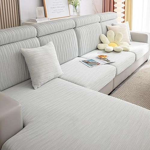vctops Funda de sofá elástica universal a rayas de color liso para tumbona en forma de L, súper suave, transpirable, antideslizante, protector de